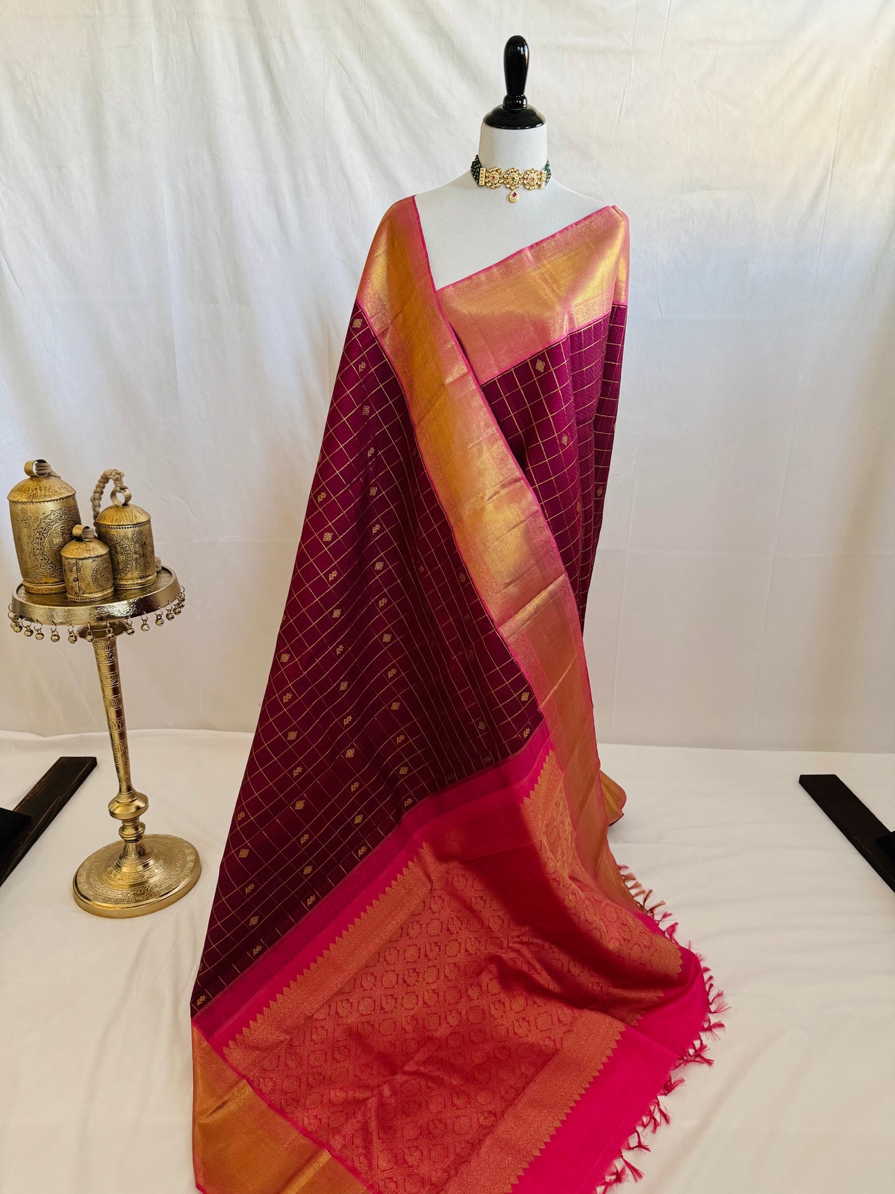 Exclusive Kanchivaram Korvai Pure Silk Pure Zari Silk Saree | Wine & Pink | Gold Zari | Handwoven | Ships from California