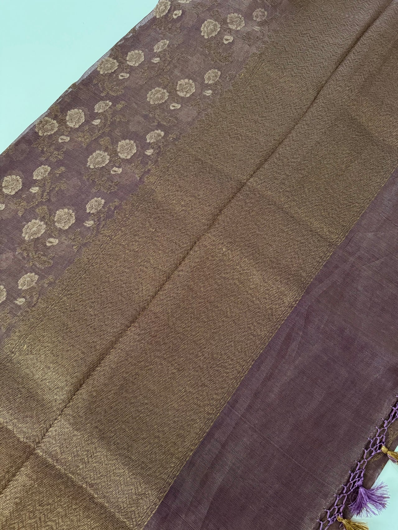 Tissue Silk and Tussar Silk Saree | Antique Zari | Dull Purple | Handwoven | Ships from California