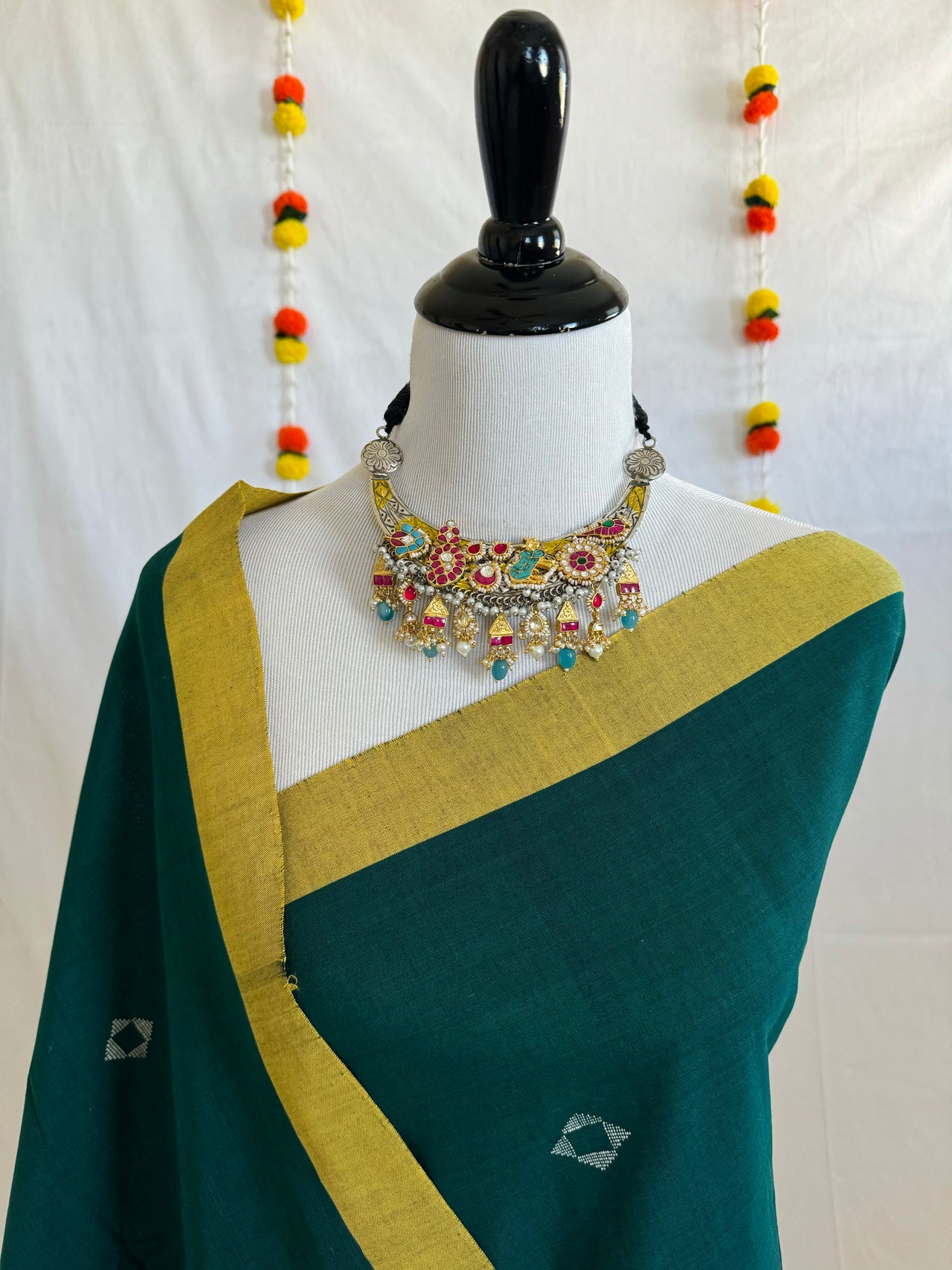 ShopNaya Exclusive | Handwoven | Pure Cotton Saree | Jamdani Weave | No Blouse | Forest Green | Silver Zari | Ships from California