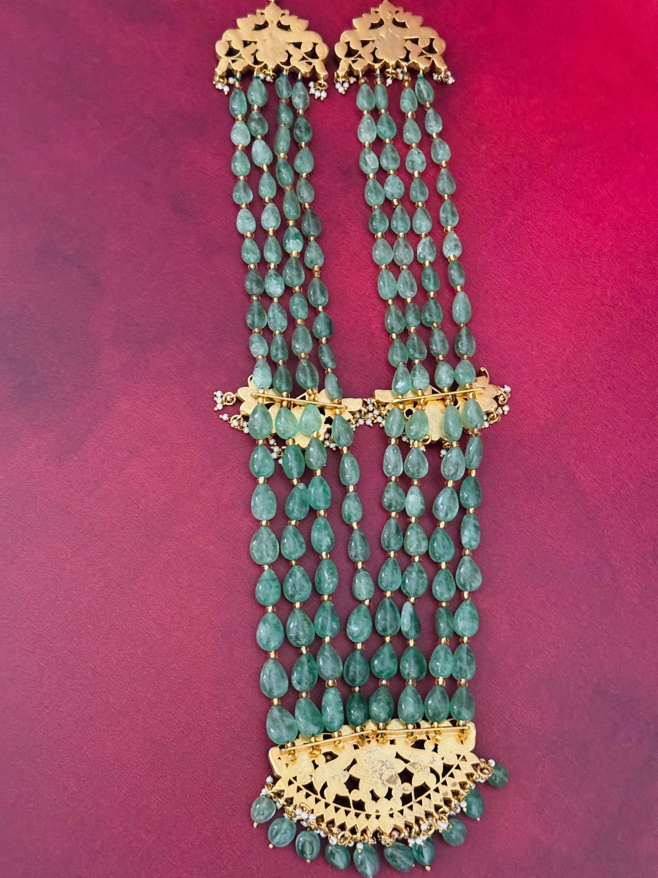 Jadau Kundan Long Chain Set | Real Kemp Stones | Oval Natural Green Glass Beads | Gold Polish | Free Shipping | Ships from California