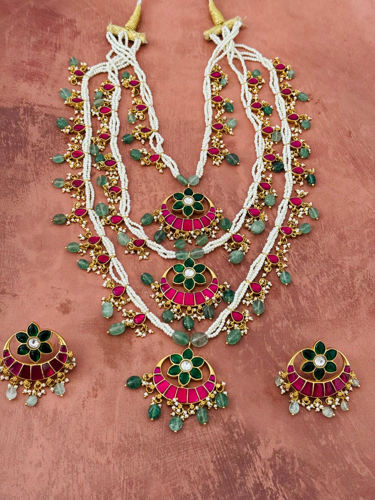 Jadau Kundan Tiered Long Chain Set | 3-Tier |Real Kemp Stones | Faux Pearl Beads Chain | Gold Polish | Free Shipping | Ships from California