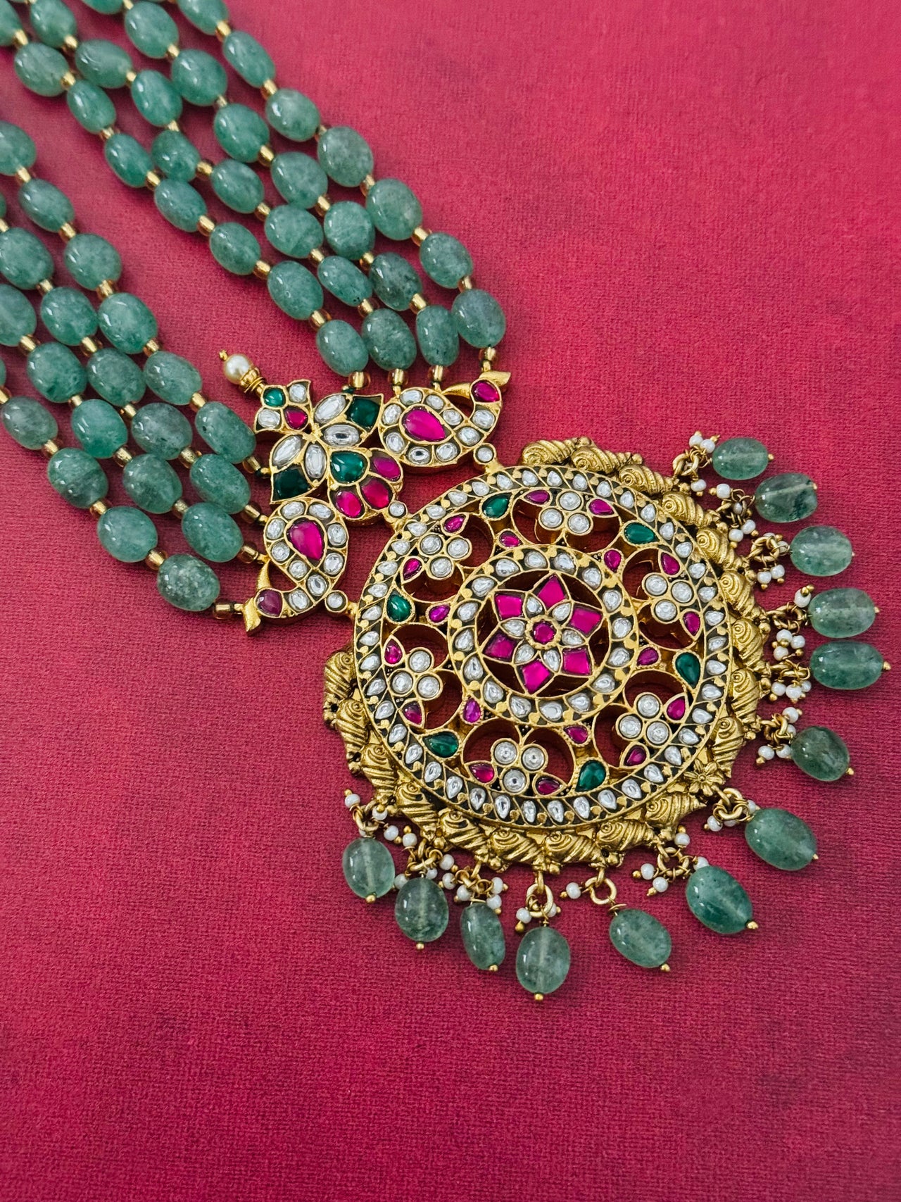 Jadau Kundan Long Chain Set | Real Kemp Stones | Oval Natural Green Glass Beads | Gold Polish | Free Shipping | Ships from California