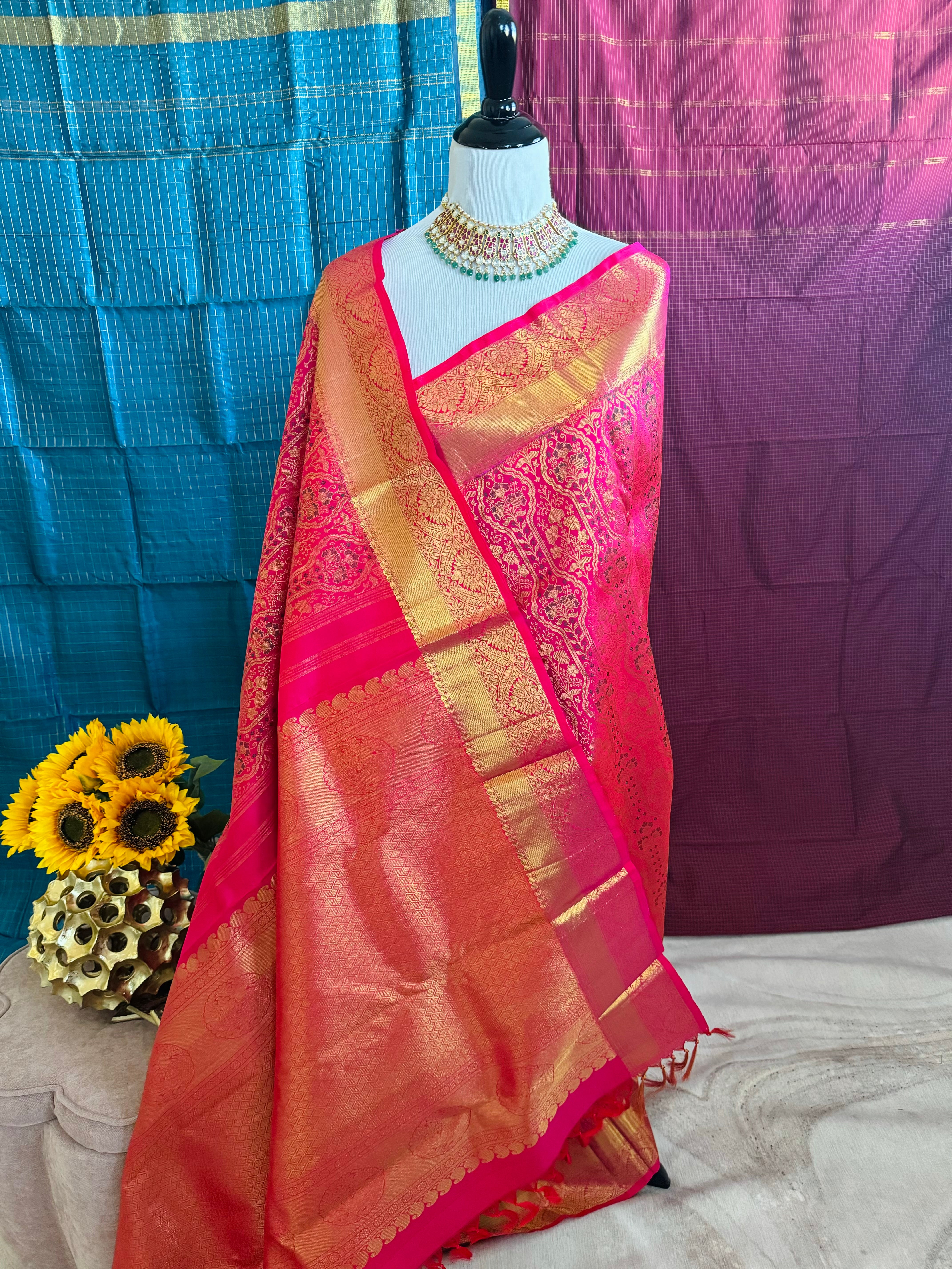 Kanchivaram Pure Silk Pure Zari Brocade Saree | Pink | Gold Zari | Handwoven | Ships from California