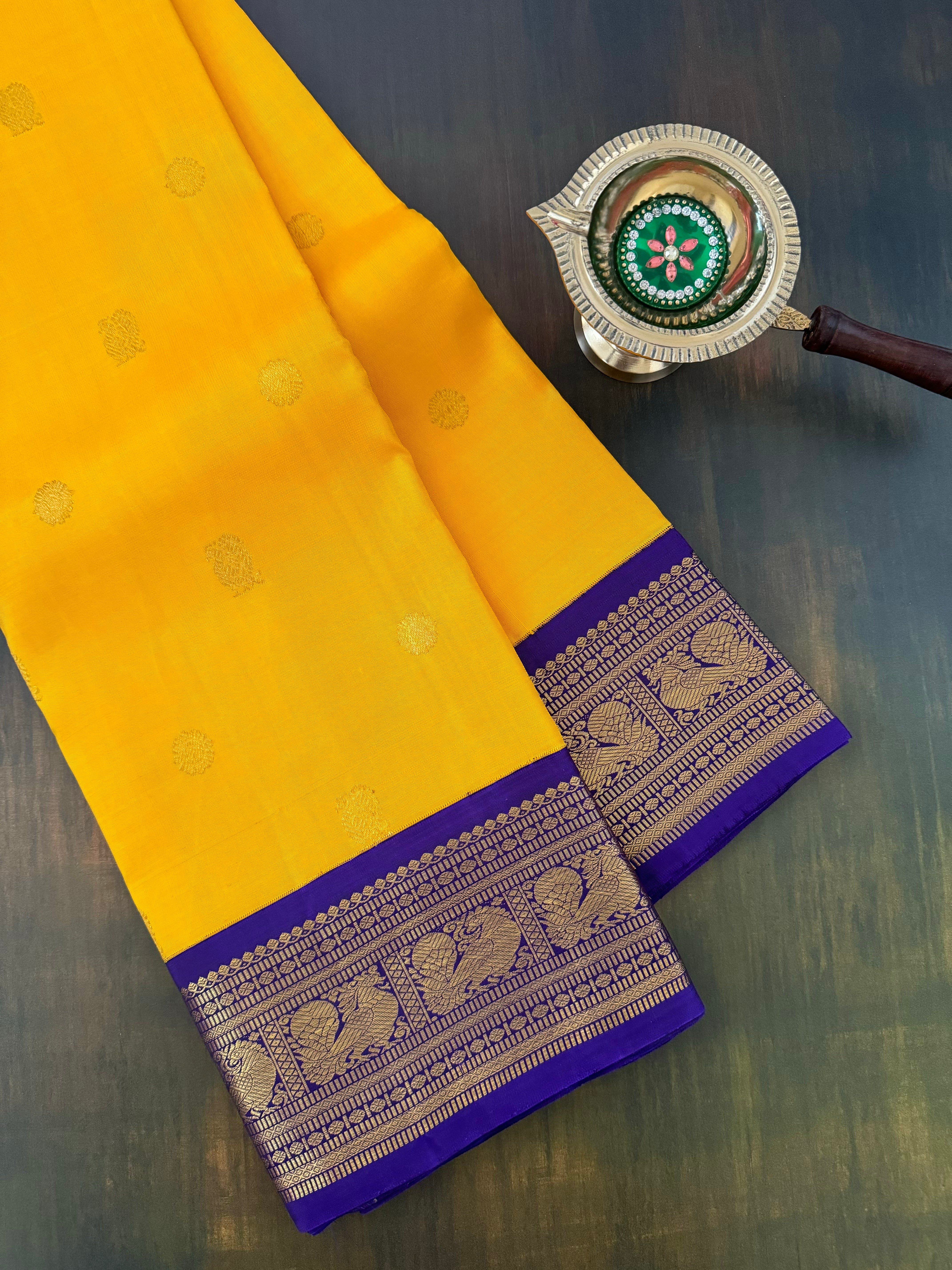 Exclusive Kanchivaram Korvai Pure Silk Pure Zari Silk Saree | Mango Yellow & Purple | Gold Zari | Handwoven | Ships from California