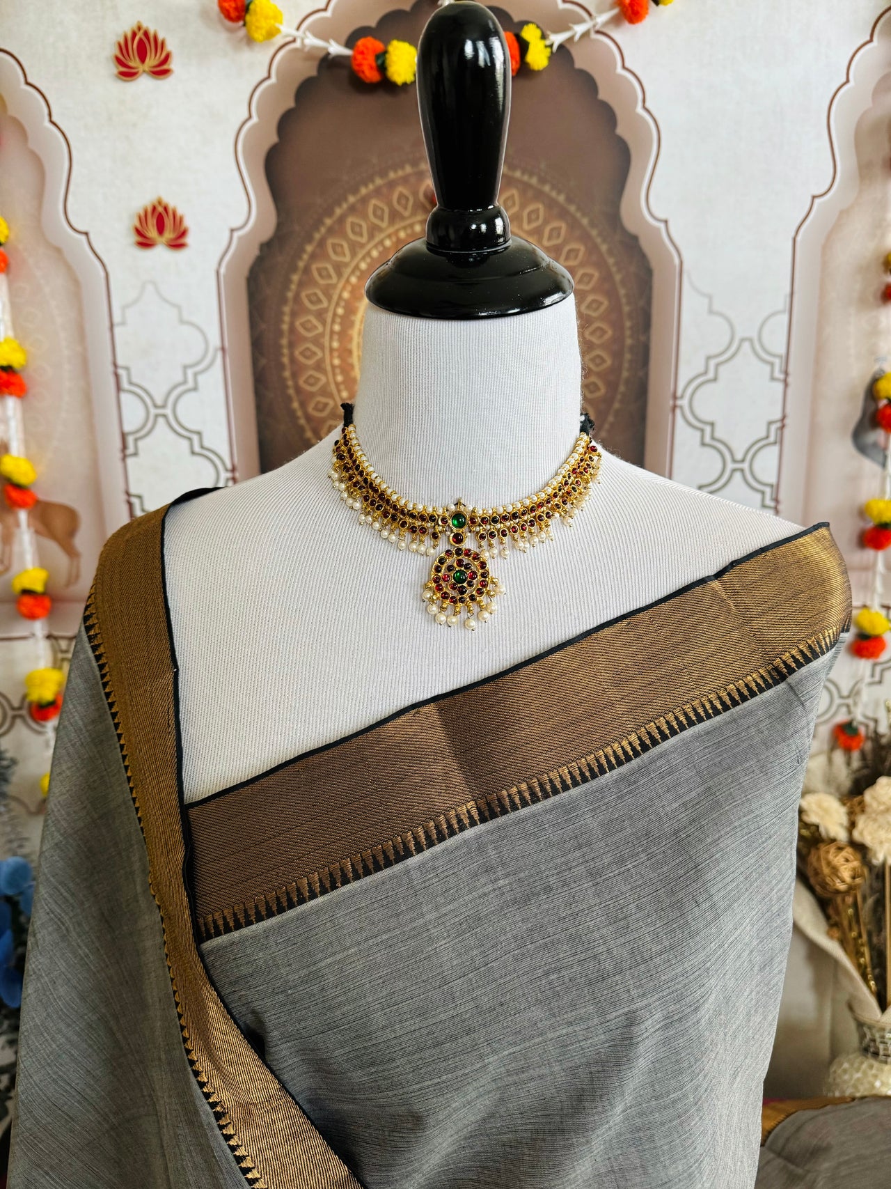 Handwoven Mangalgiri Cotton Saree | Gray | Gold Zari | Handwoven | Ships from California