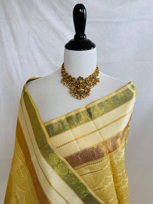 Exclusive Kanchivaram Designer Pure Silk Pure Zari Silk Saree | Beige & Gold | Handwoven | Ships from California