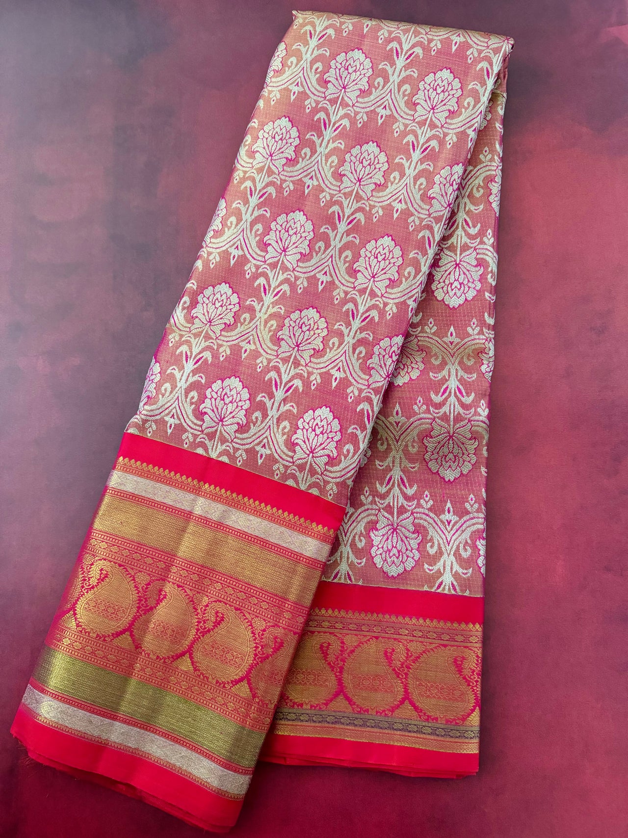 Exclusive Kanchivaram Tissue Silk Pure Zari Silk Saree | Metallic Pink & Gold | Brocade Pattern | Handwoven | Ships from California