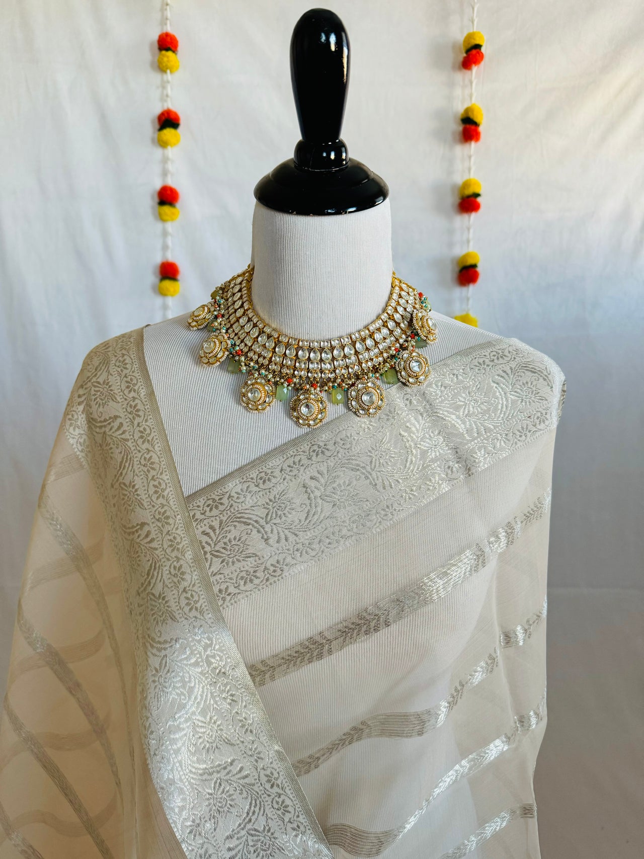 Ahmedabadi Kundan Jewelry Set | Semi-Precious Stones | Brass Base | Gold Plated | Silver Foil | Free Shipping | Ships from California