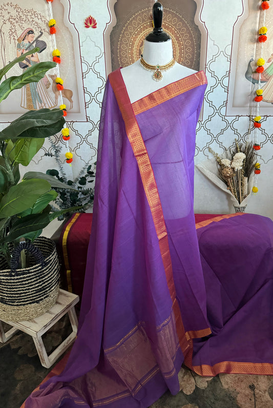 Handwoven Mangalgiri Cotton Saree | Purple | Gold Zari | Ships from California