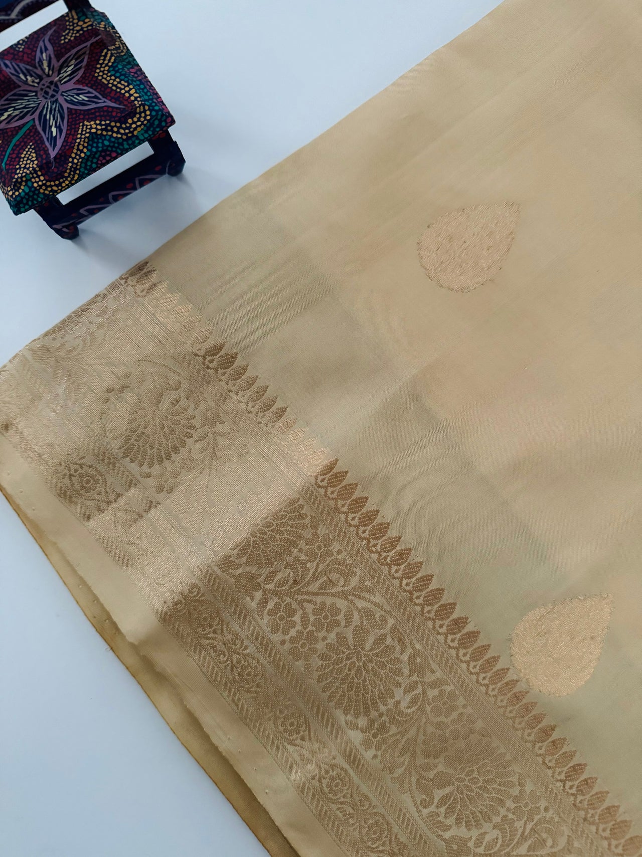 Light weight Katan Silk Saree from Banaras | Light Beige | Gold Zari | Handwoven | Silk Mark Certified | Ships from California