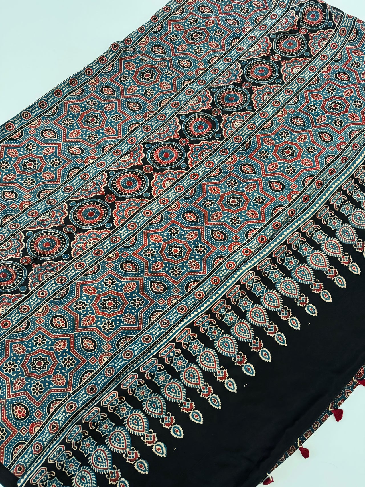 Ajrakh hand block printed modal silk saree | Blue | Ships from California