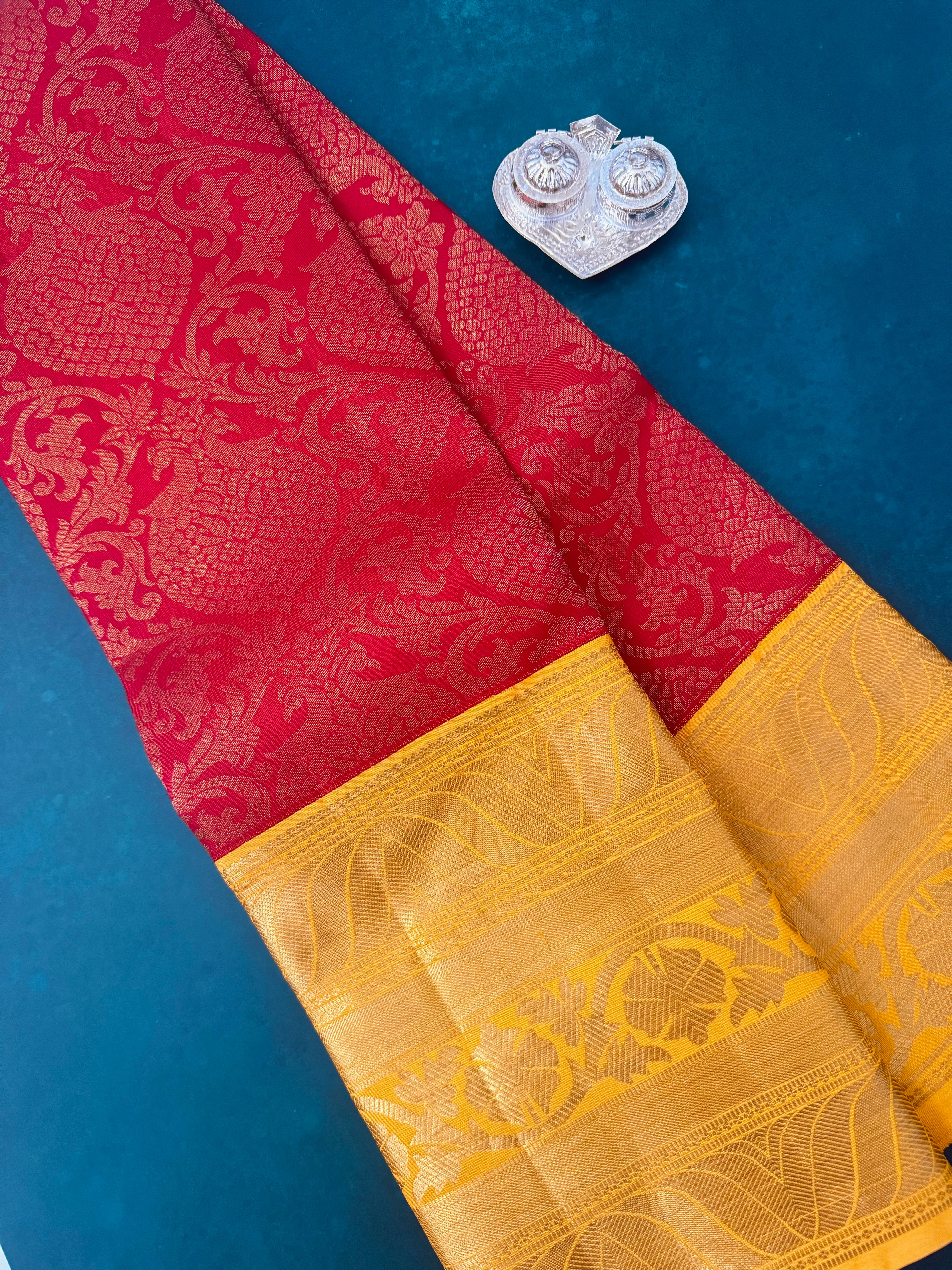 Exclusive Kanchivaram Brocade Korvai Pure Silk Pure Zari Silk Saree | Red & Yellow | Gold Zari | Handwoven | Ships from California