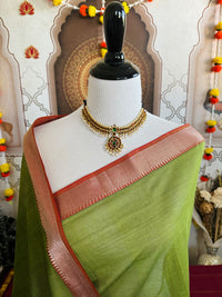 Thumbnail for Handwoven Mangalgiri Cotton Saree | Shade of Yellow Green | Gold & Silver Zari | Handwoven | Ships from California