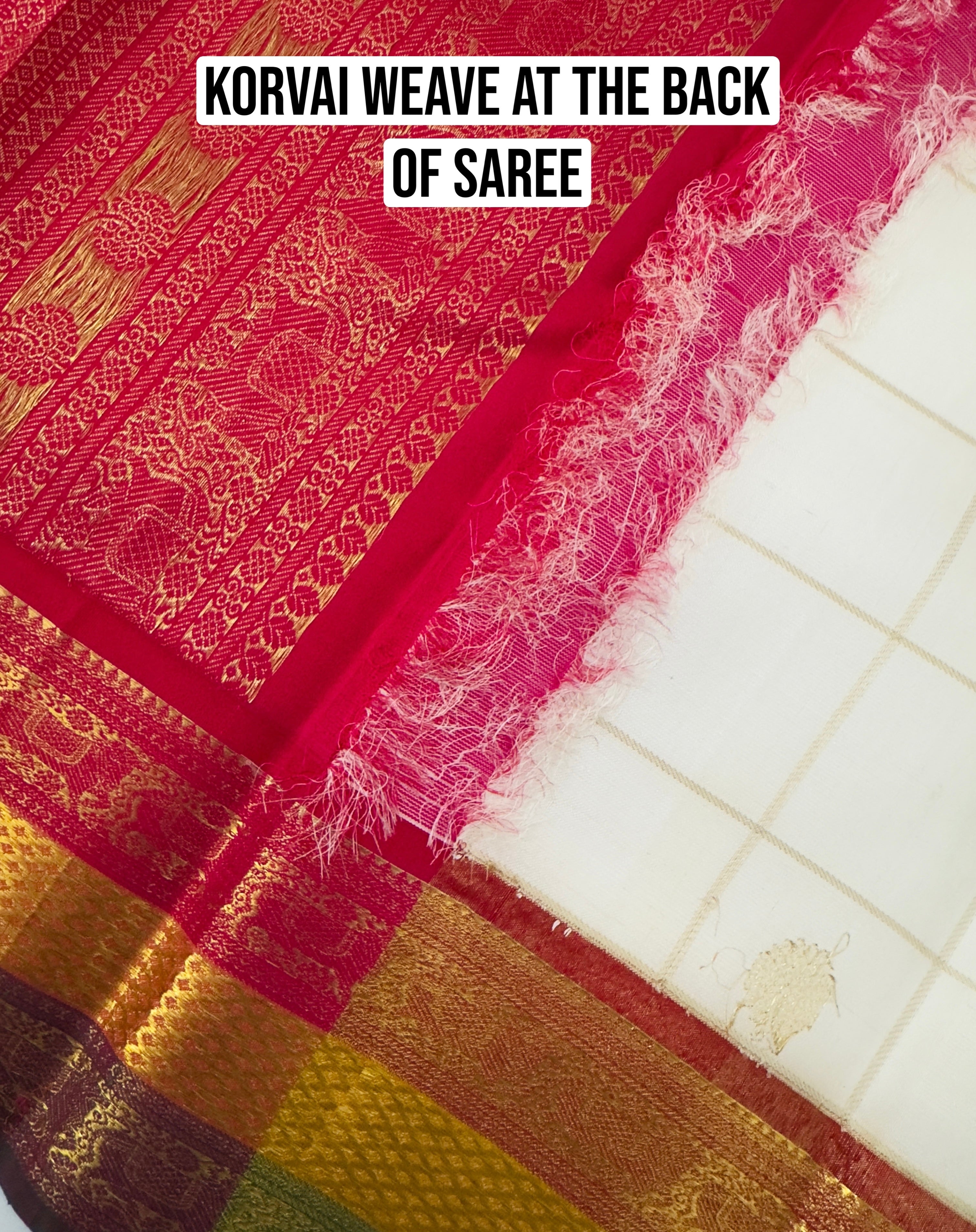 Exclusive Kanchivaram Korvai Pure Silk Pure Zari Silk Saree | Contrast Tissue Border | Off-White | Handwoven | Ships from California