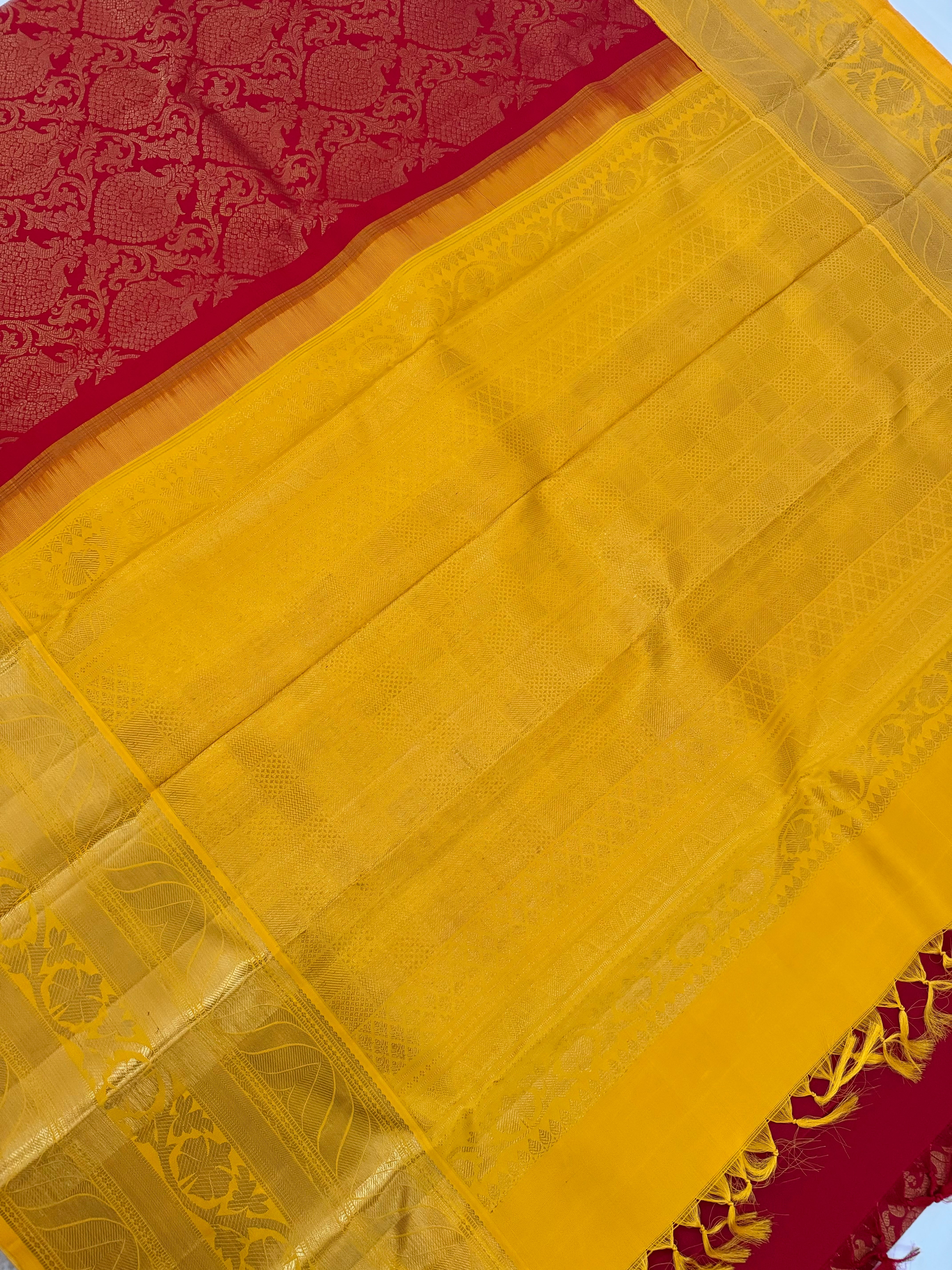 Exclusive Kanchivaram Brocade Korvai Pure Silk Pure Zari Silk Saree | Red & Yellow | Gold Zari | Handwoven | Ships from California