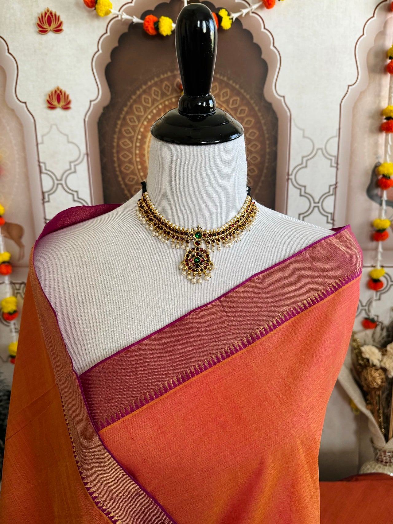 Handwoven Mangalgiri Cotton Saree | Orange Pink Shot Color | Gold Zari | Handwoven | Ships from California