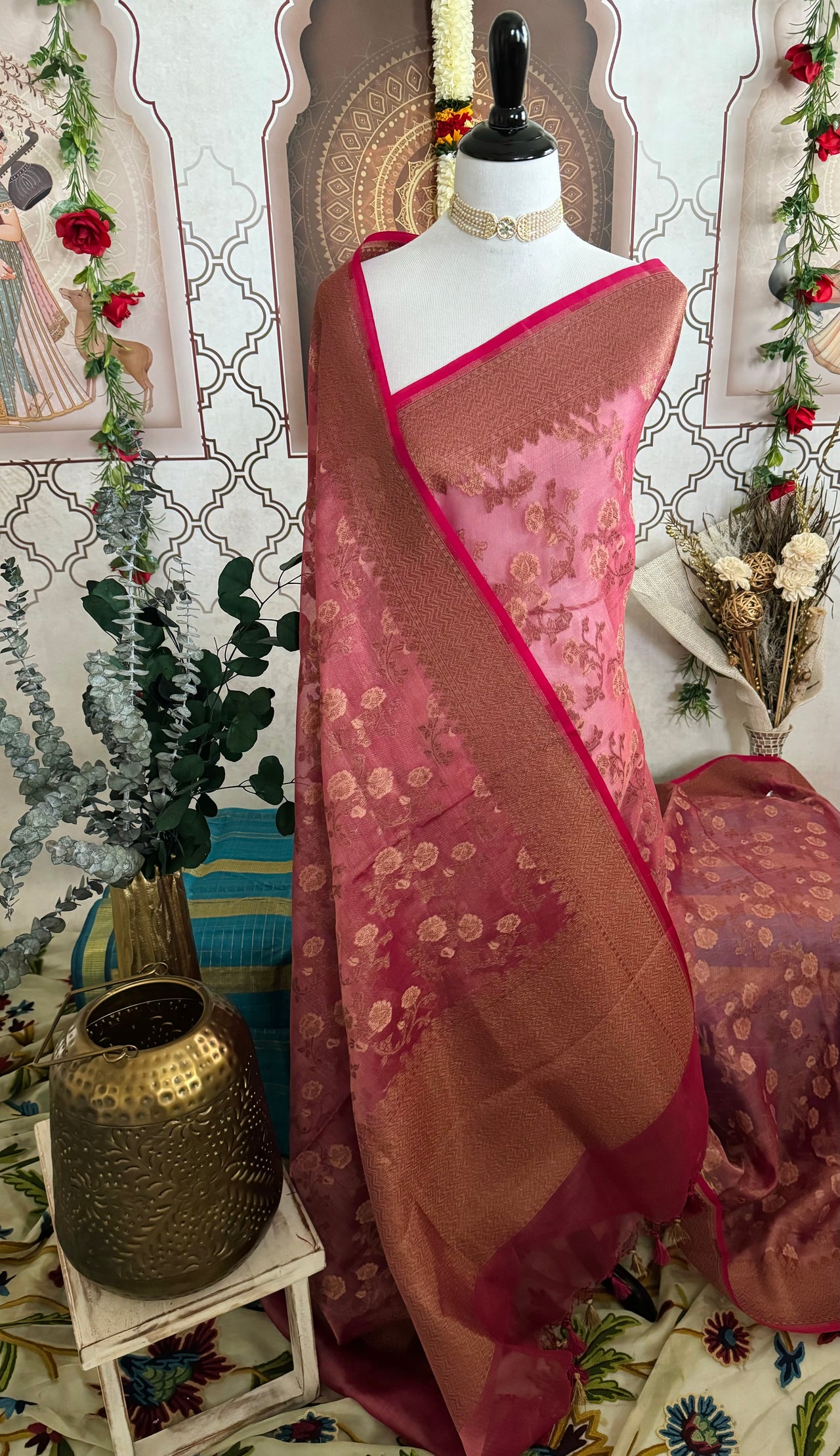 Tissue Silk and Tussar Silk Saree | Antique Zari | Onion Pink | Handwoven | Ships from California