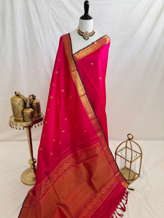 Kanchivaram Pure Silk Pure Zari Silk Saree | Pink | Contrast Blue Blouse | Gold Zari | Handwoven | Ships from California