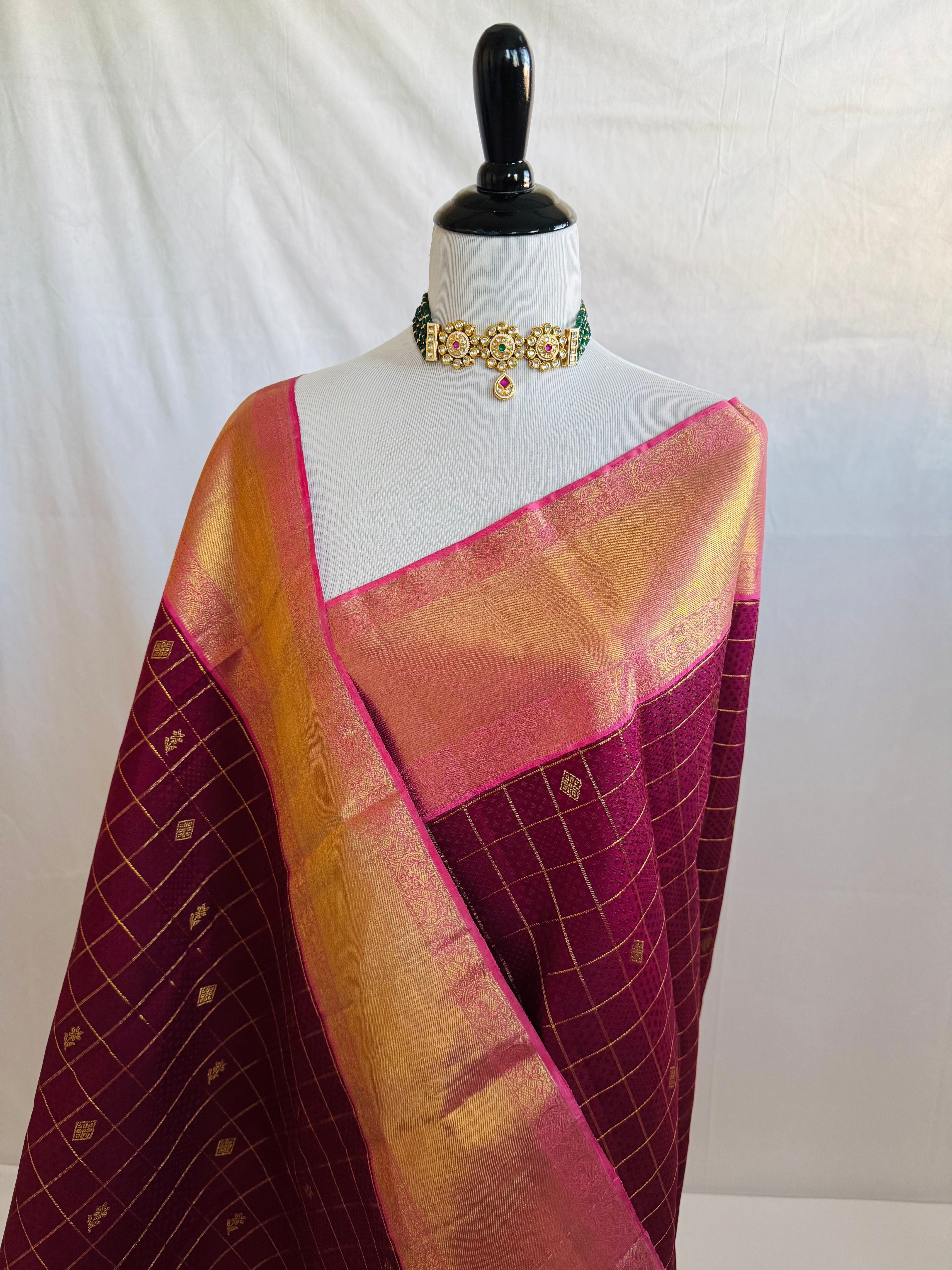 Exclusive Kanchivaram Korvai Pure Silk Pure Zari Silk Saree | Wine & Pink | Gold Zari | Handwoven | Ships from California