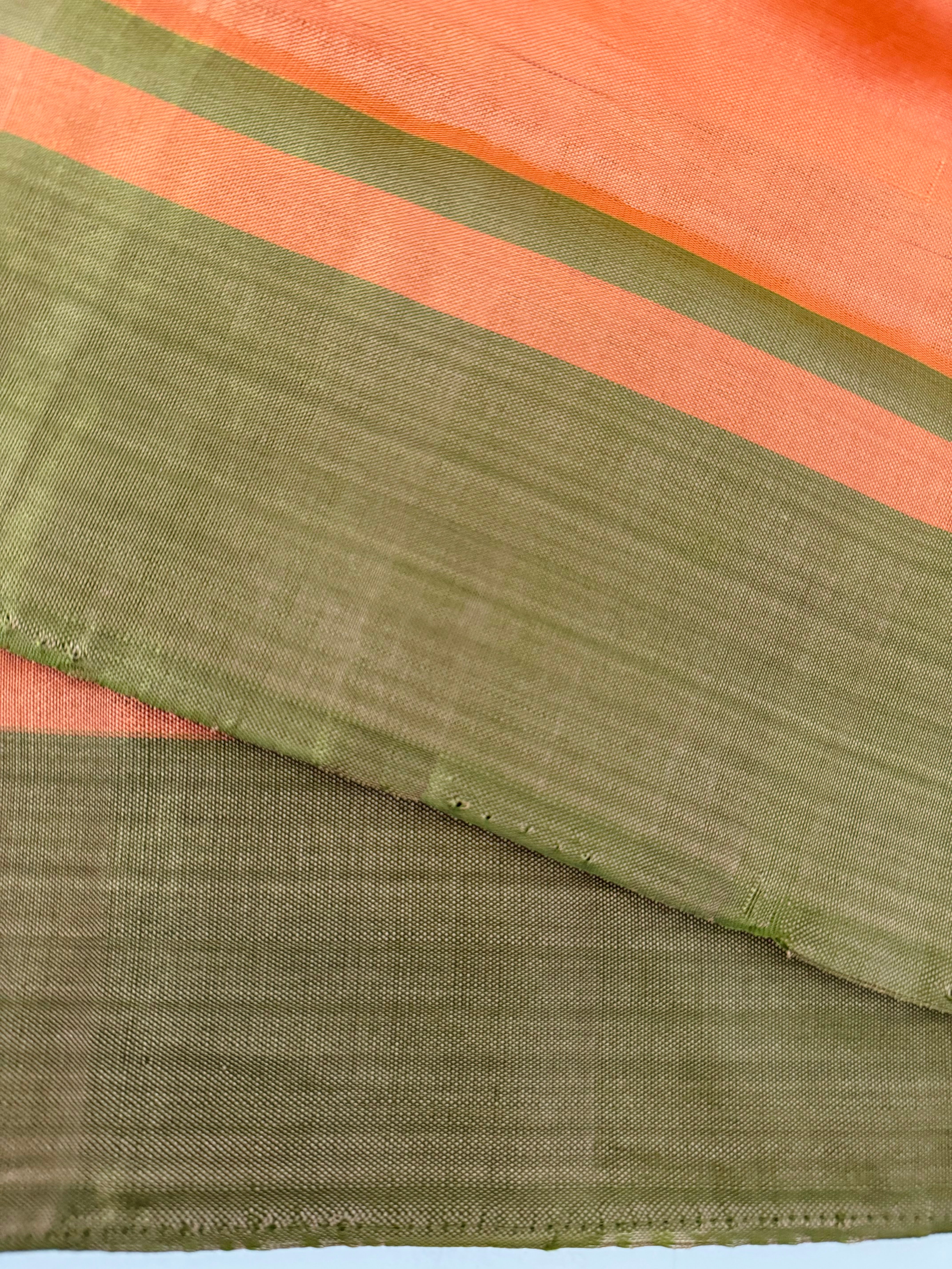 Vegan Silk Saree | No Zari | No Blouse | Handwoven | Orange & Sage Green | Ships from California