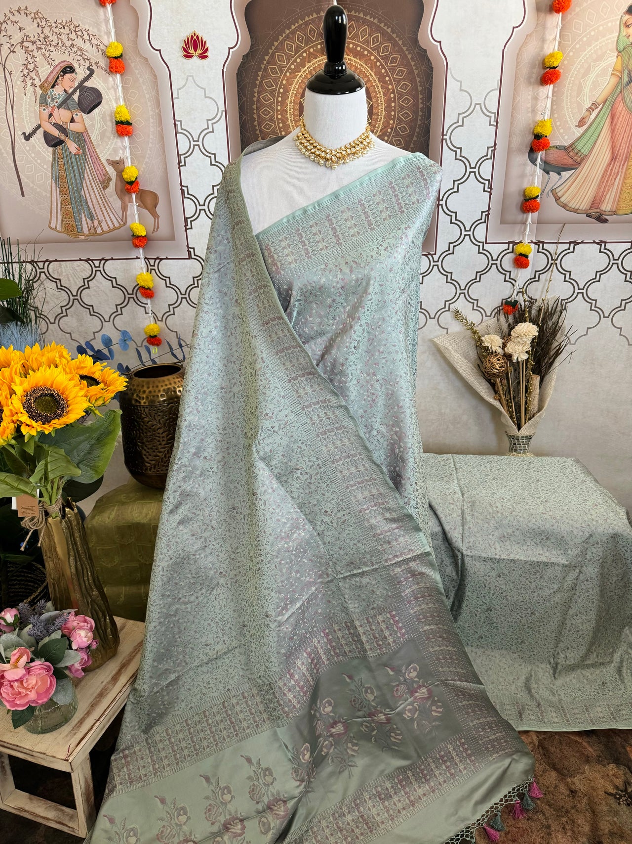Satin Silk Saree from Banaras| Tanchoi weave | Light Gray Green | Handwoven | No Zari | Silk Mark Certified | Ships from California