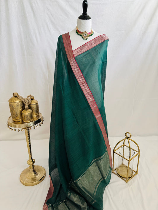 Handwoven Mangalgiri Cotton Saree | Shade of Forest Green | Gold Zari | Handwoven | Ships from California