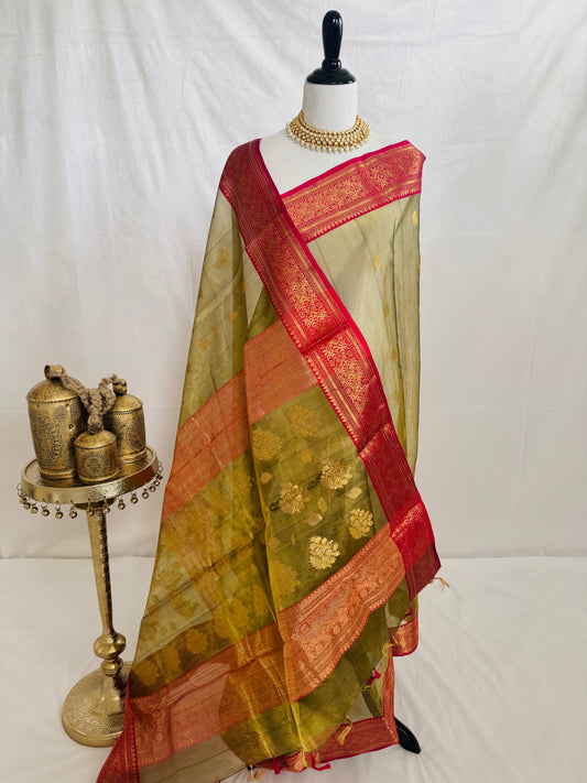 Chanderi Silk Saree | Handwoven | Silk | Light Moss Green & Pink | Gold Zari | Ships from California