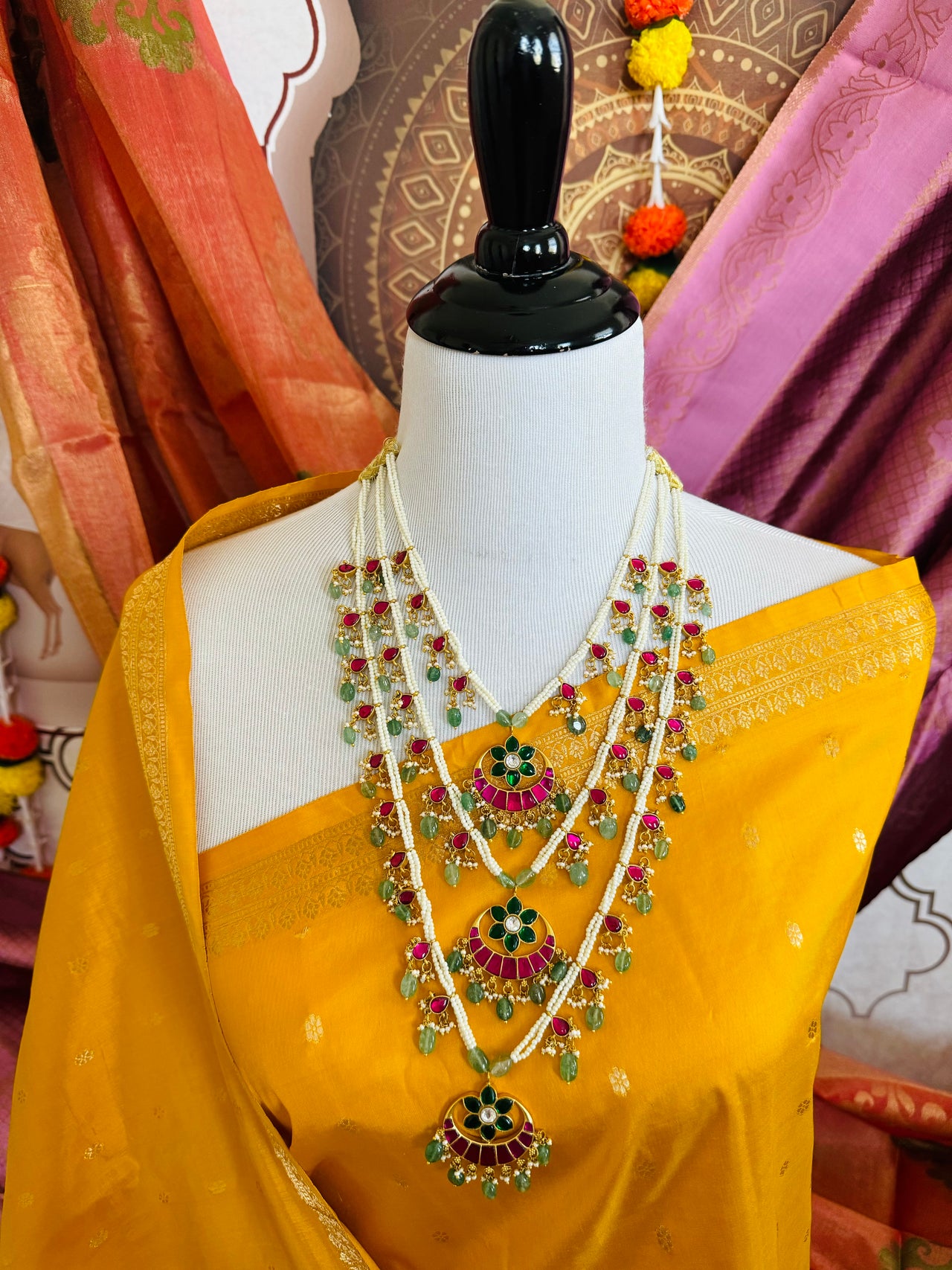 Jadau Kundan Tiered Long Chain Set | 3-Tier |Real Kemp Stones | Faux Pearl Beads Chain | Gold Polish | Free Shipping | Ships from California