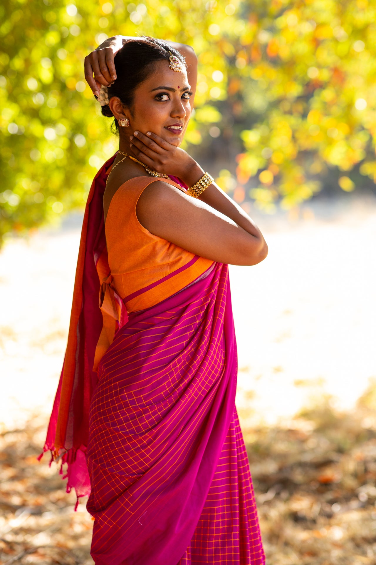 ShopNaya Exclusive | Handwoven | Pure Cotton Saree | Jamdani Weave | No Blouse | Pink | Gold Zari | Ships from California