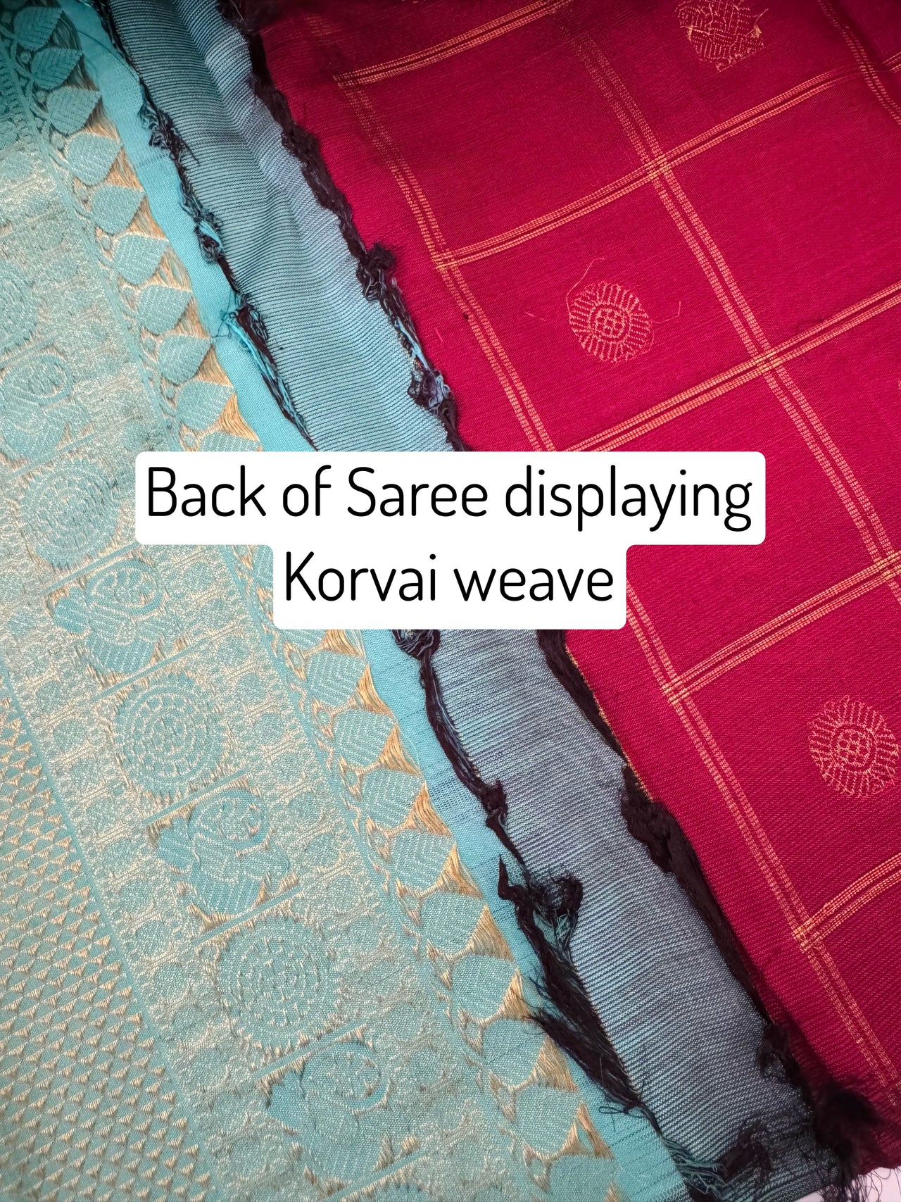 Borderless Kanchivaram Korvai Pure Silk Pure Zari Silk Saree | Maroon & Turquoise | Gold Zari | Handwoven | Ships from California