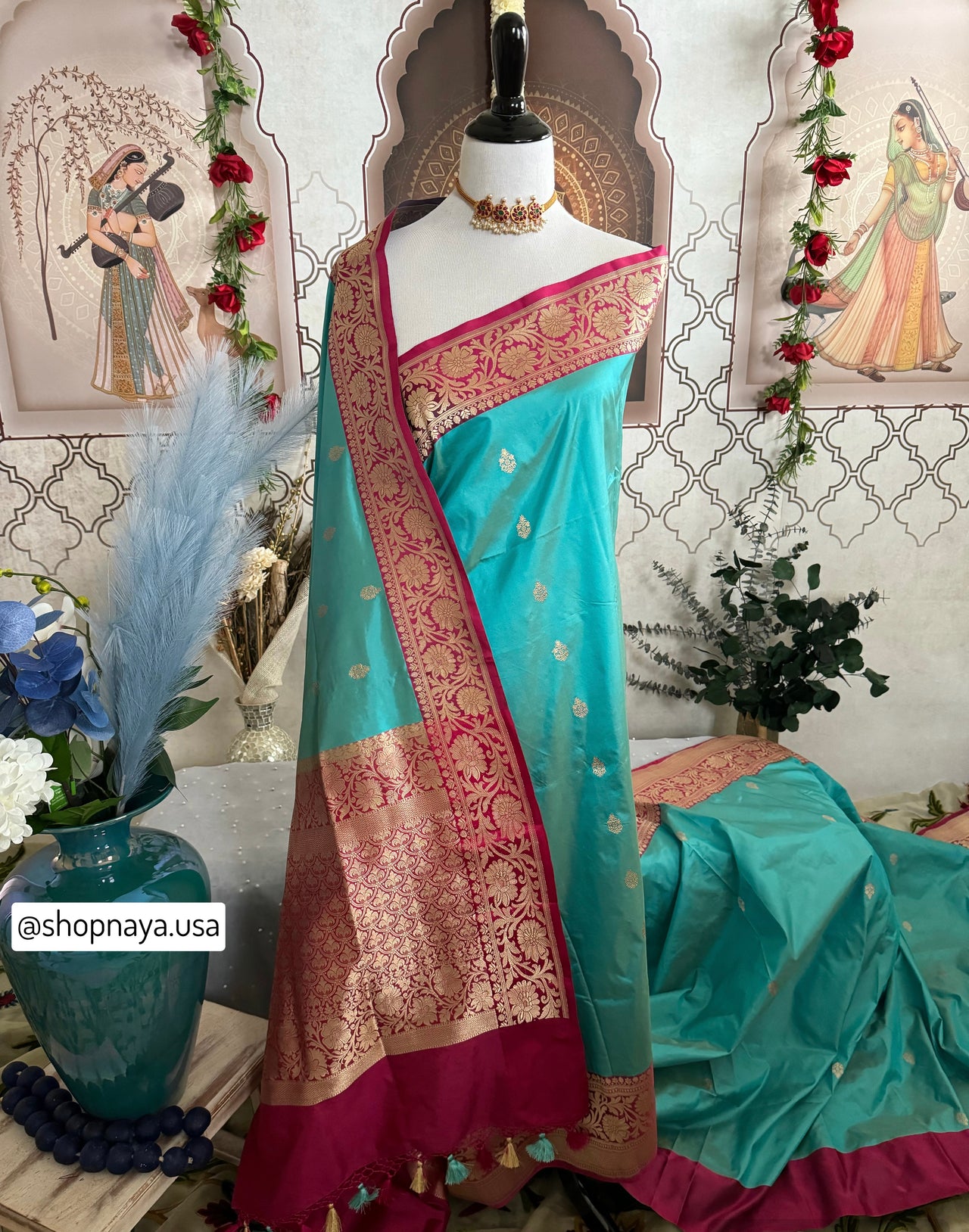 Banarasi Katan Pure Silk Saree | Cyan Blue | Gold Zari | Handwoven | Silk Mark Certified | Ships from California