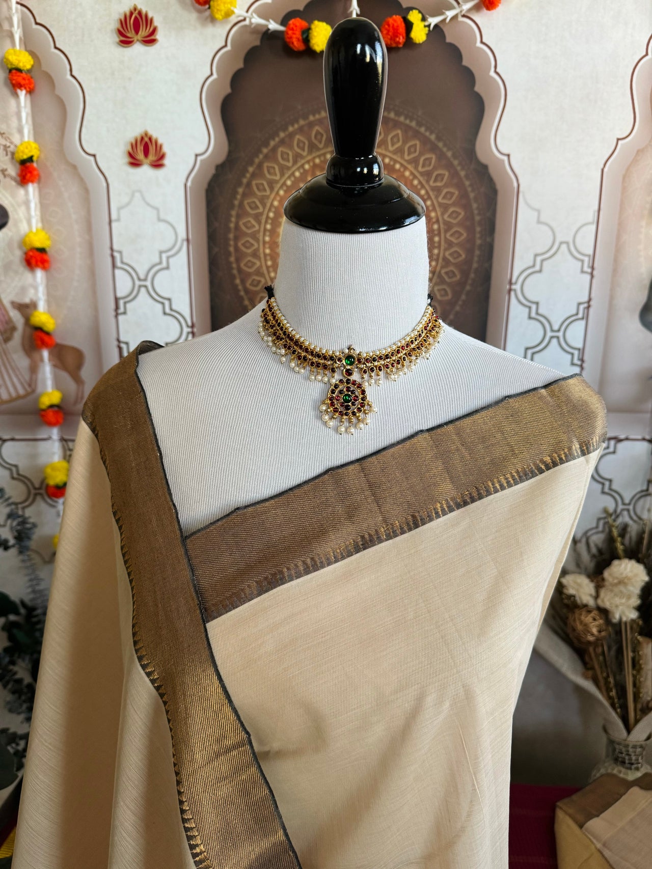 Handwoven Mangalgiri Cotton Saree | Off-White | Gold Zari | Handwoven | Ships from California