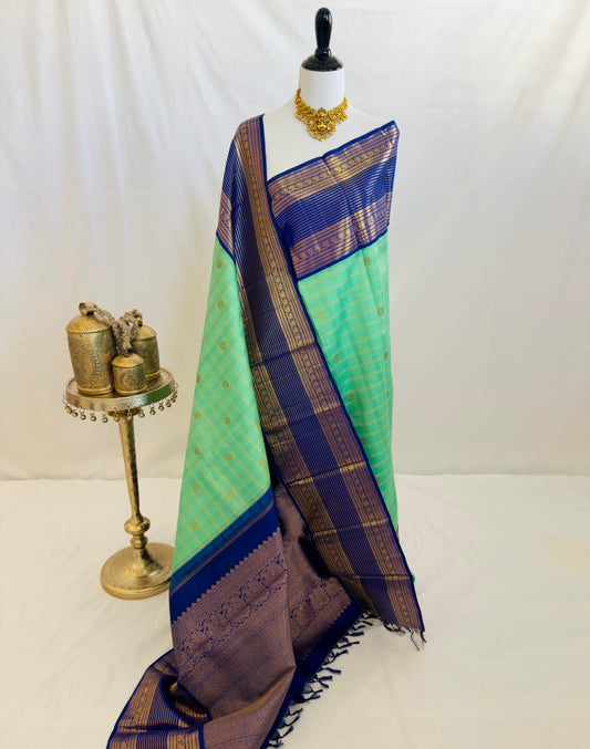 Exclusive Kanchivaram Korvai Pure Silk Pure Zari Silk Saree | Navy Blue & Light Green | Gold Zari | Handwoven | Ships from California