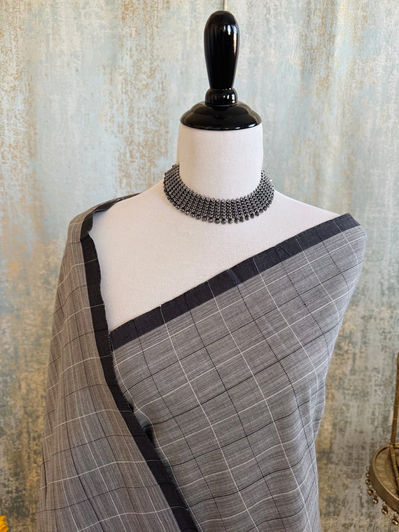 ShopNaya Exclusive | Handwoven | Contemporary Pure Cotton Saree | No Blouse | Gray & Black | Handloom Mark | Ships from California