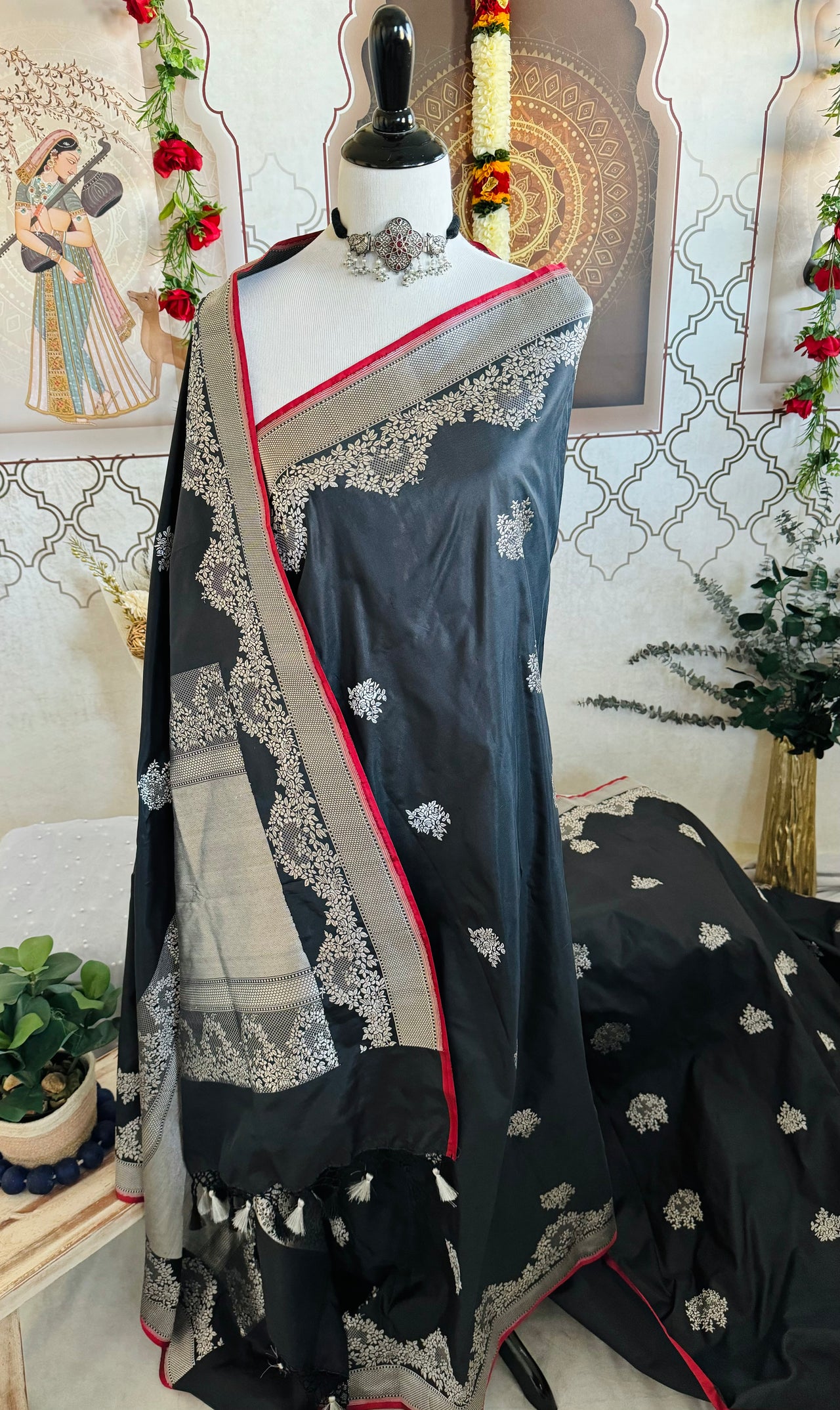 Banarasi Katan Pure Silk Saree | Black | Silver Zari | Handwoven | Silk Mark Certified | Ships from California