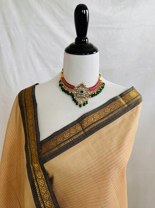 Handwoven Mangalgiri Cotton Saree | Beige | Horizontal Lines | Gold Zari | Handwoven | Ships from California
