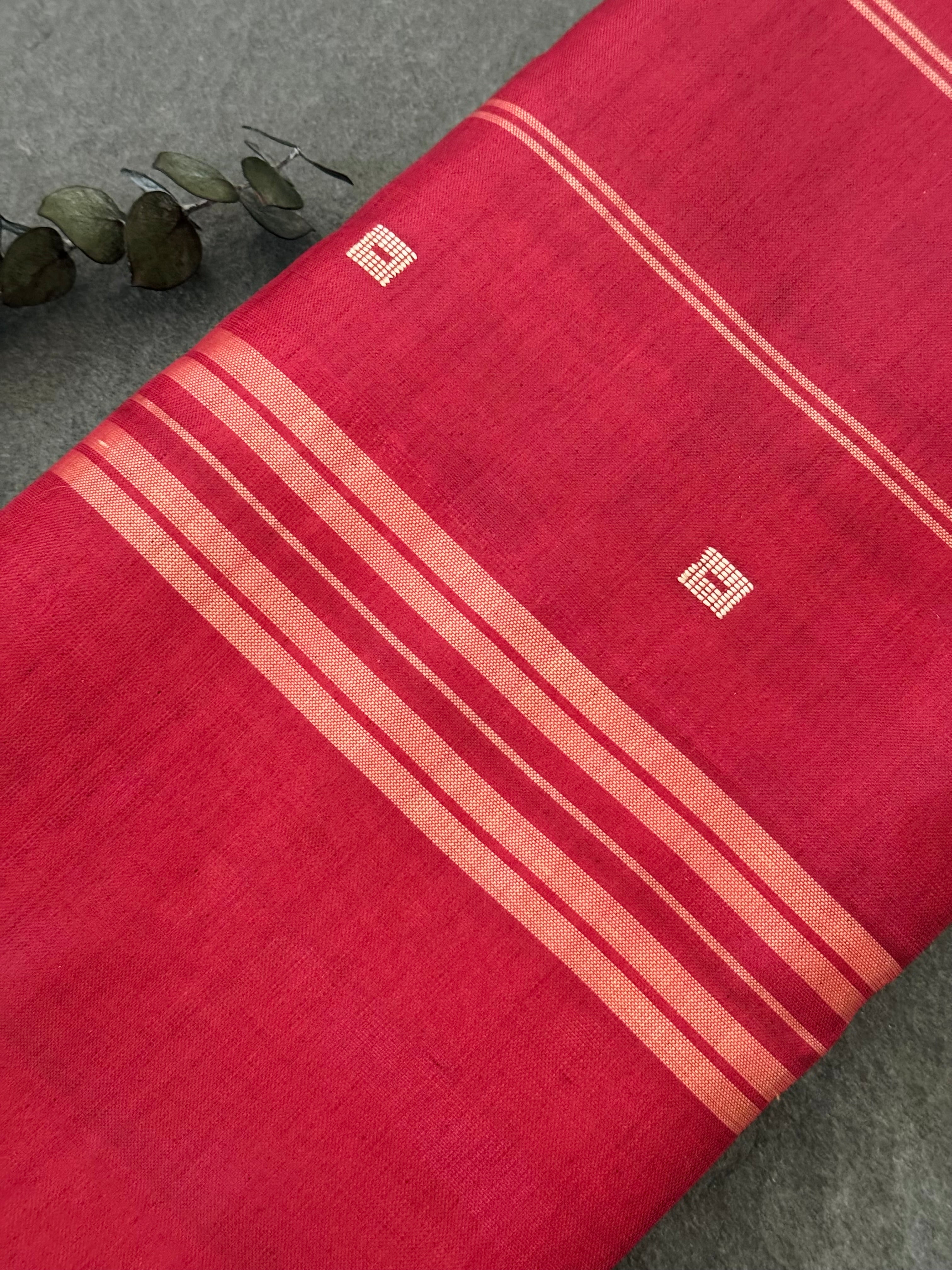 Vegan Silk Saree | No Zari | No Blouse | Handwoven | Peach & Brick Red | Ships from California