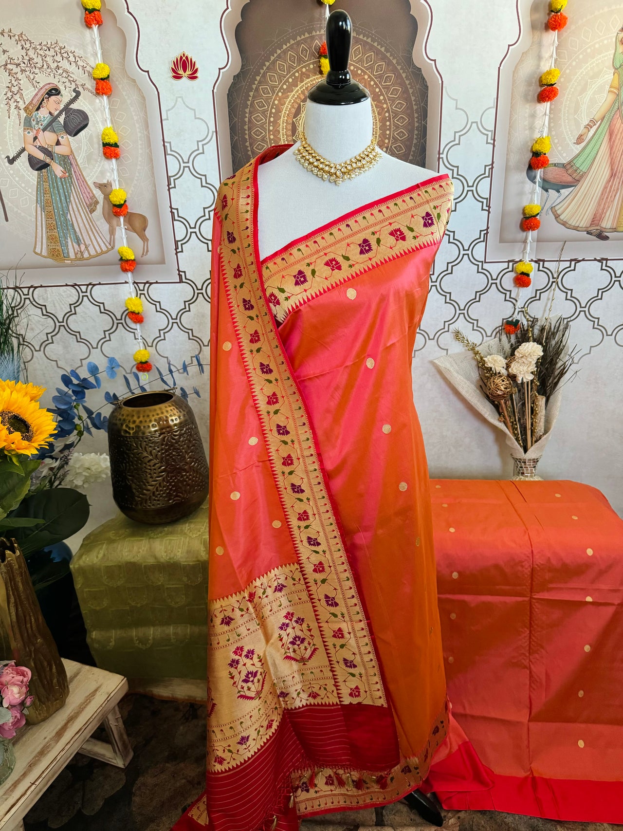 Banarasi Katan Silk Paithani Saree | Orange Pink | Handwoven | Silk Mark Certified | Ships from California