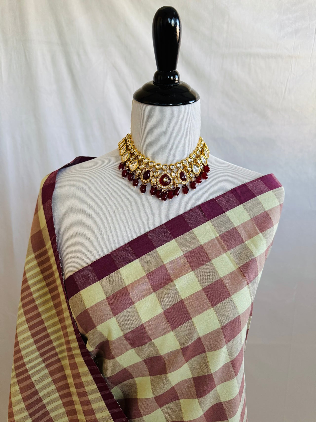 ShopNaya Exclusive | Handwoven | Cotton Saree | Gold Zari | No Blouse | Beige & Maroon | Handloom Mark | Ships from California