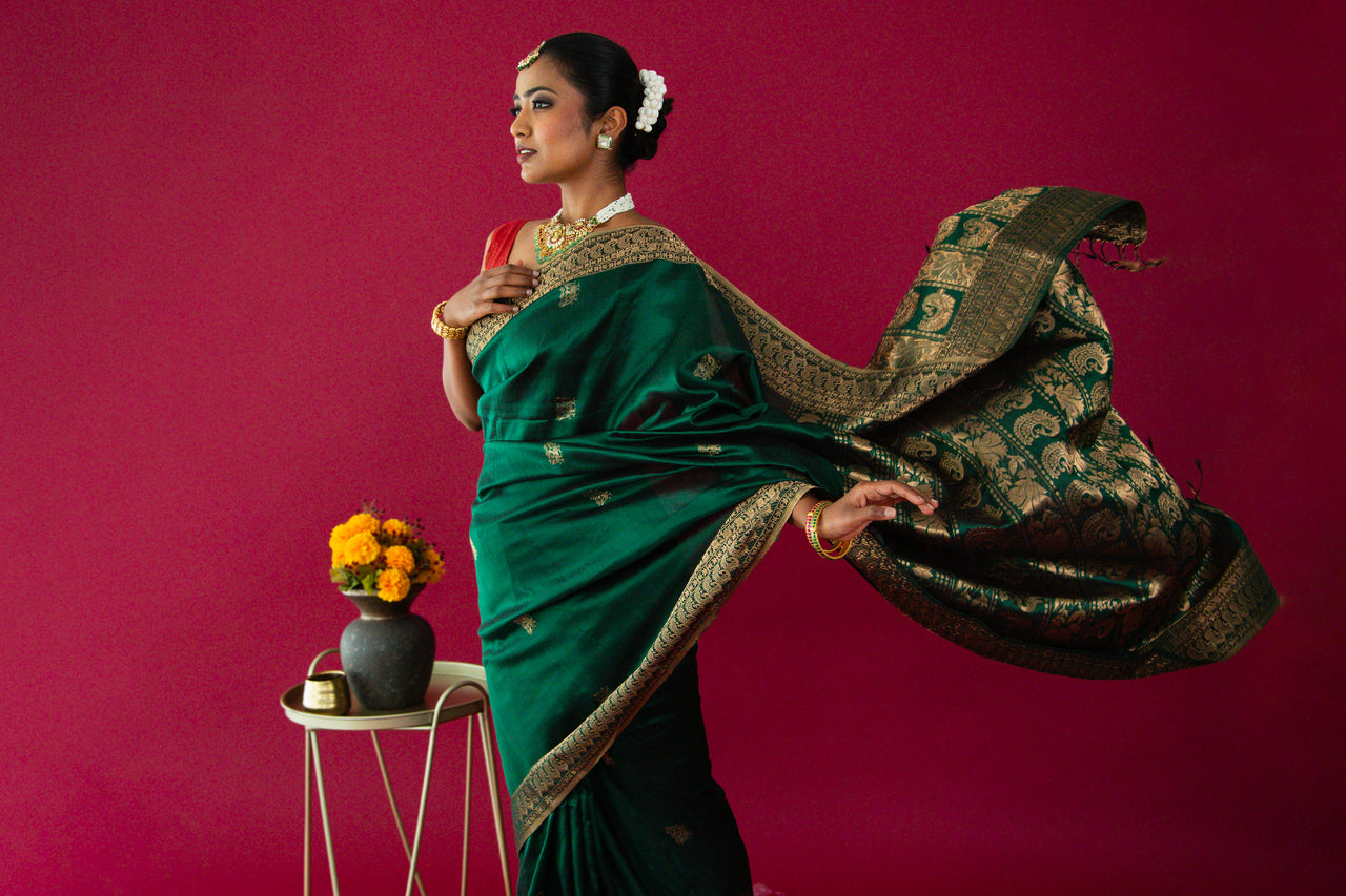 ShopNaya Exclusive | Pure Mulberry Silk Saree | Green | Light Weight | Gold Zari | Handwoven | Ships from California | Anamniya