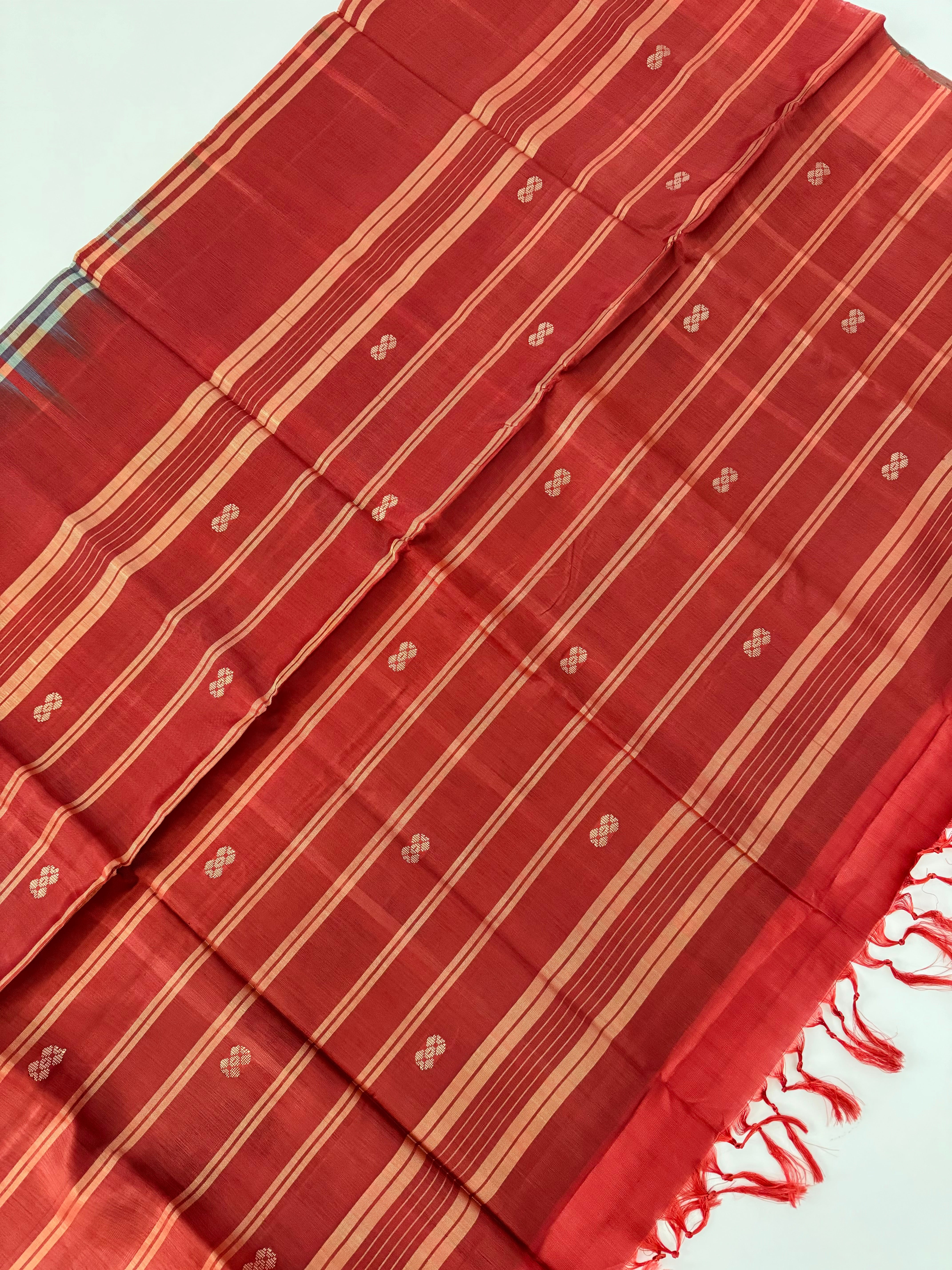 Vegan Silk Saree | No Zari | No Blouse | Handwoven | Sky Blue Green & Red | Ships from California