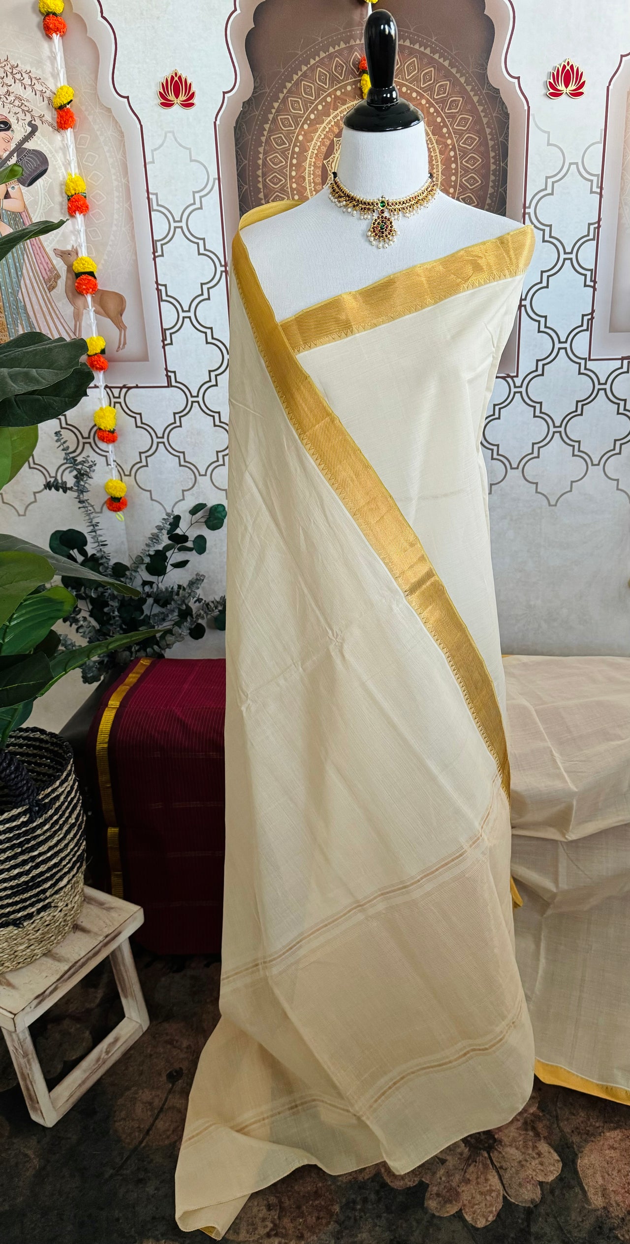 Handwoven Mangalgiri Cotton Saree | Off-White | Gold Zari | Handwoven | Ships from California