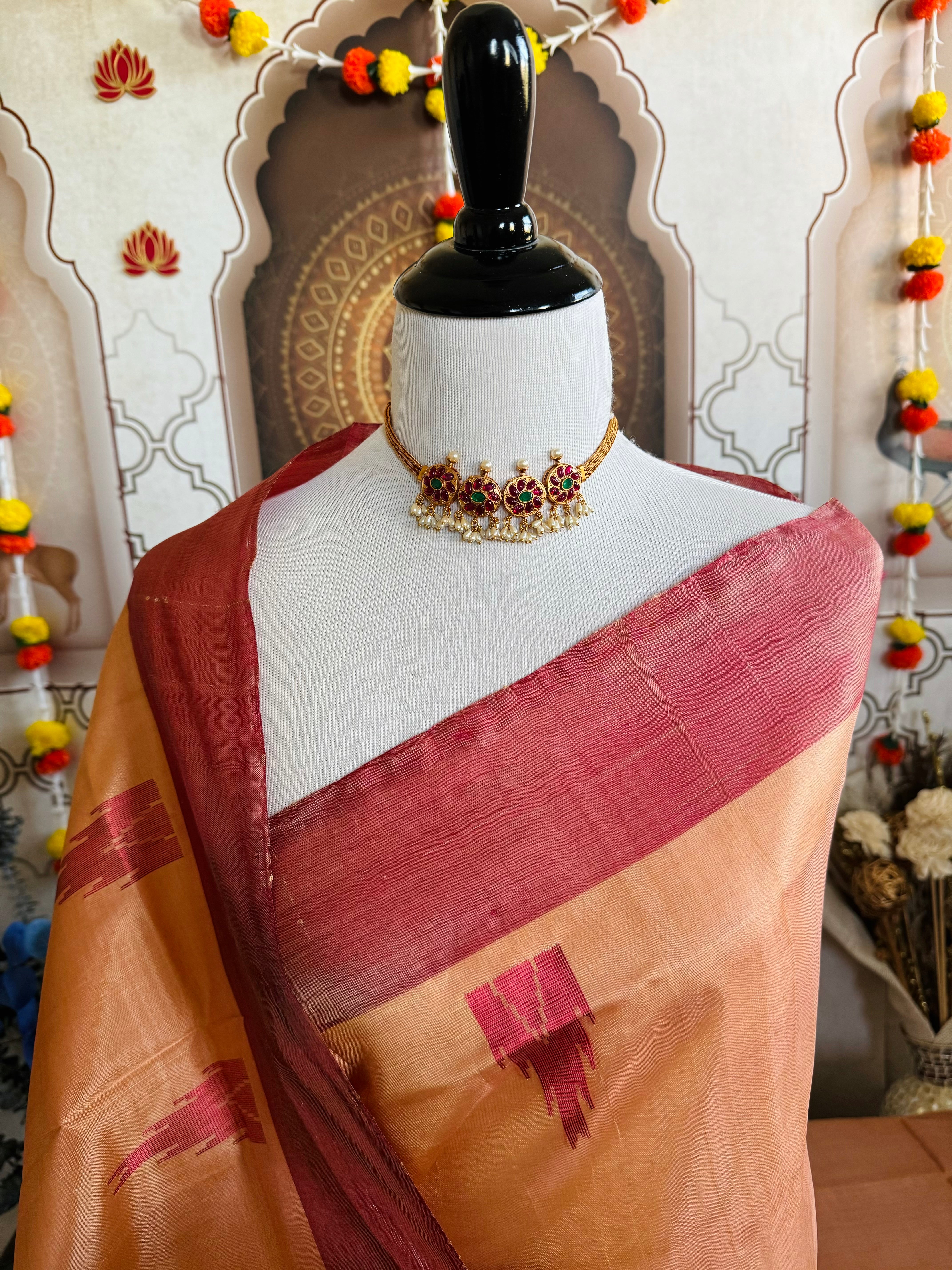 Vegan Silk Saree | No Zari | No Blouse | Handwoven | Peach & Brick Red | Ships from California