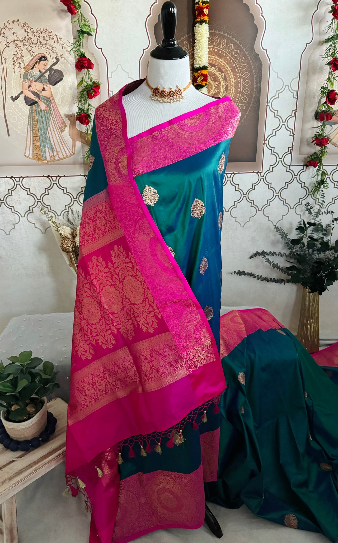 Banarasi Katan Pure Silk Saree | Peacock Blue Green & Pink| Gold Zari | Handwoven | Ships from California