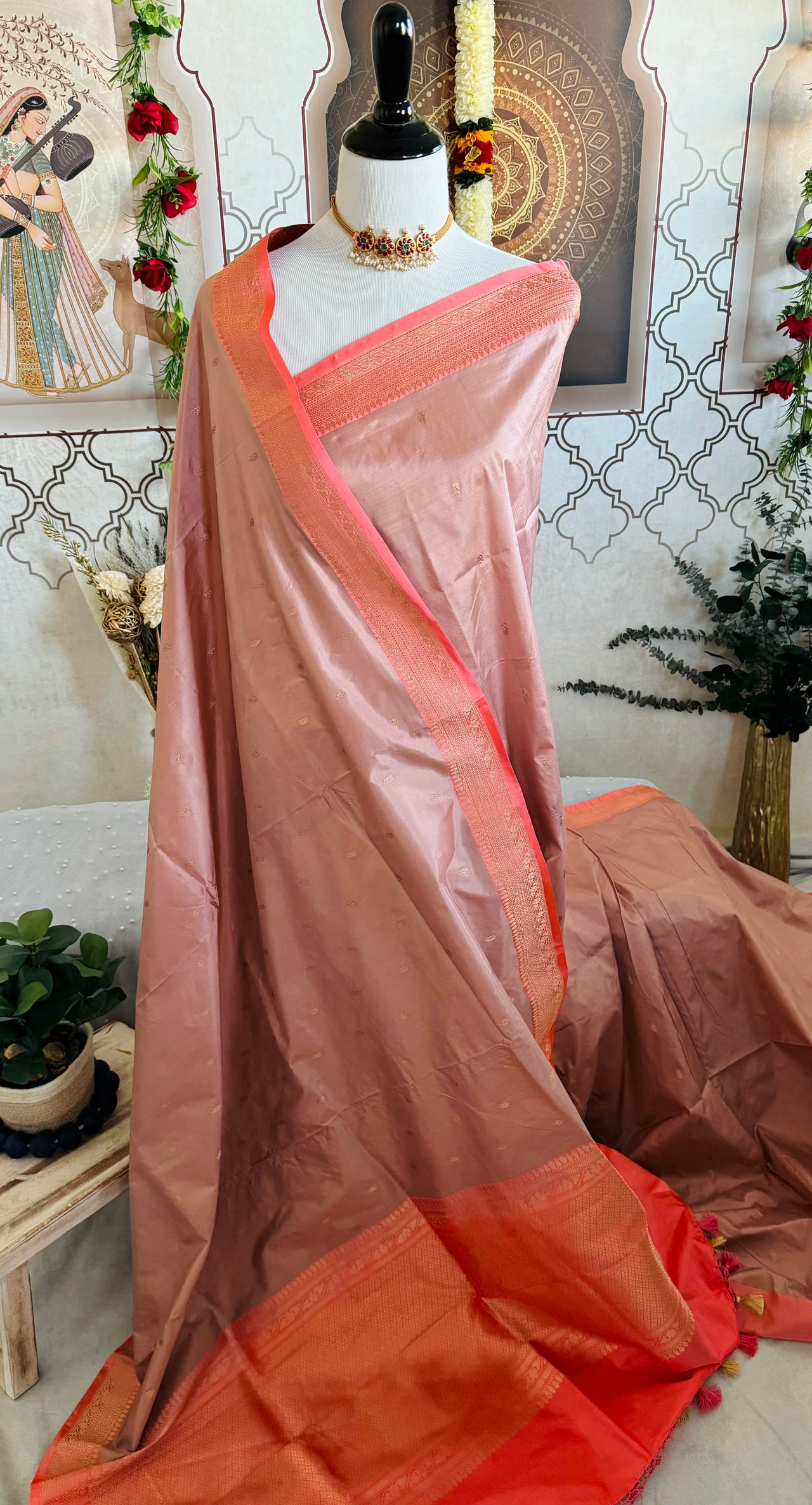 Banarasi Katan Pure Silk Saree | Old Rose & Coral Pink | Gold Zari | Handwoven | Silk Mark Certified | Ships from California