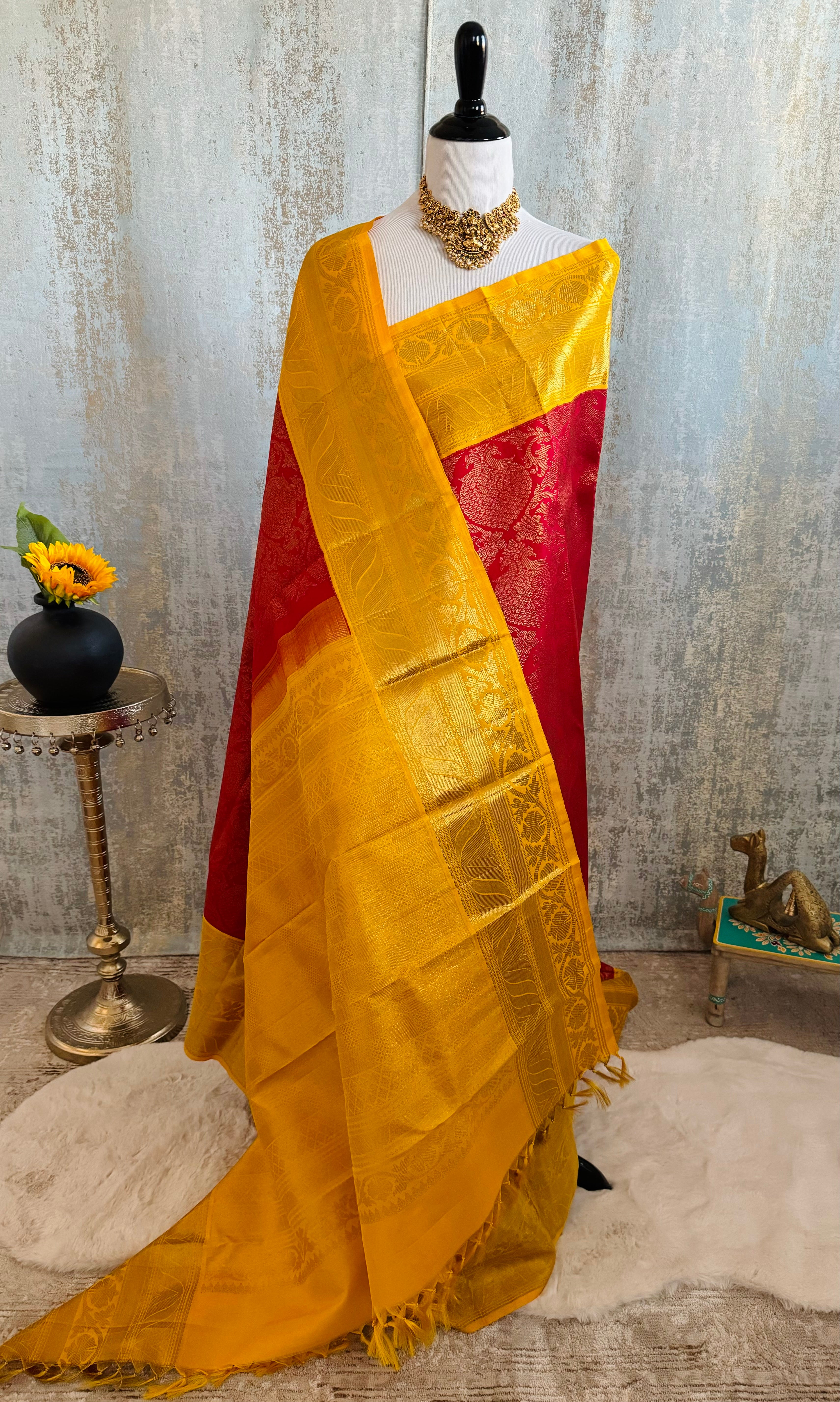 Exclusive Kanchivaram Brocade Korvai Pure Silk Pure Zari Silk Saree | Red & Yellow | Gold Zari | Handwoven | Ships from California