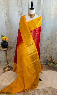 Thumbnail for Exclusive Kanchivaram Brocade Korvai Pure Silk Pure Zari Silk Saree | Red & Yellow | Gold Zari | Handwoven | Ships from California