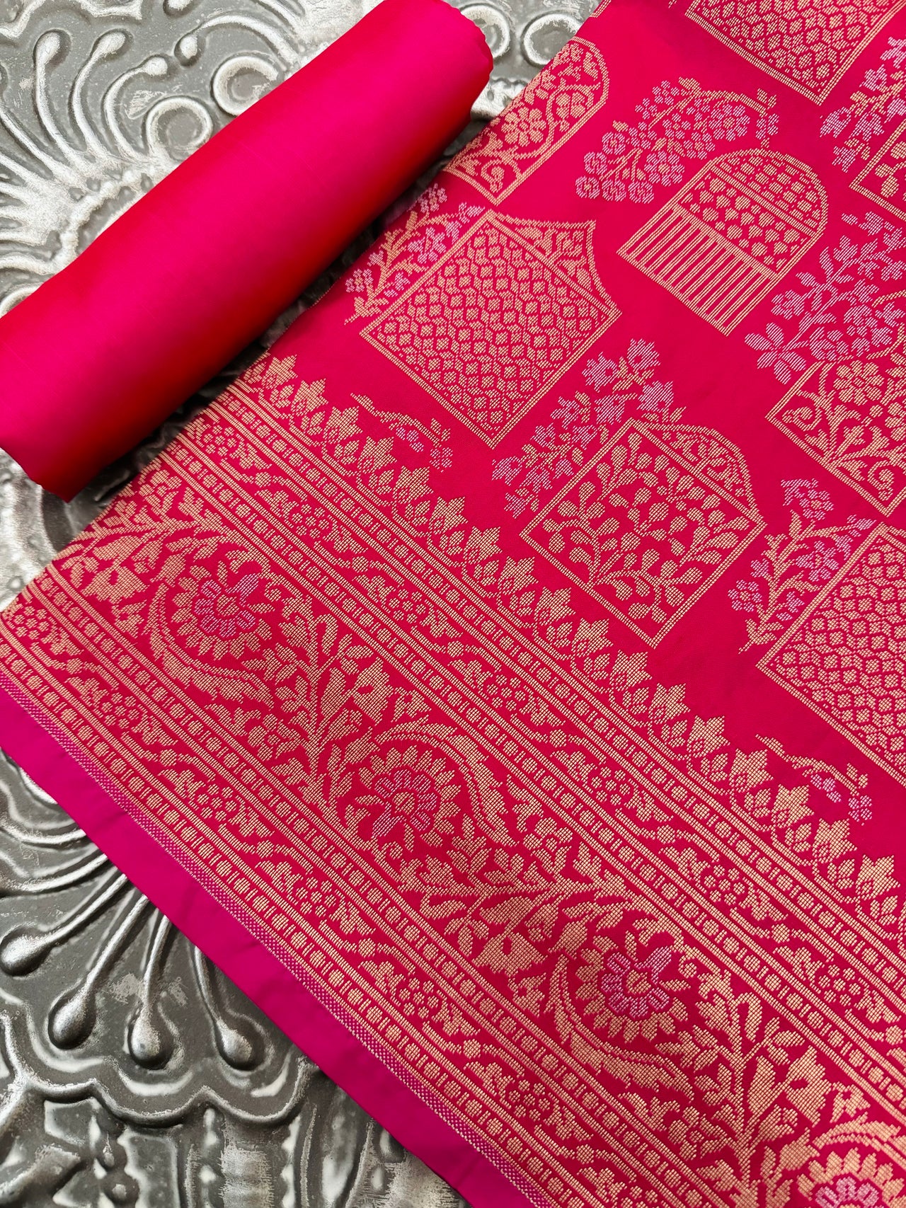 Banarasi Katan Pure Silk Saree | Magenta Pink | Gold & Silver Zari | Handwoven | Ships from California