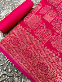 Thumbnail for Banarasi Katan Pure Silk Saree | Magenta Pink | Gold & Silver Zari | Handwoven | Ships from California