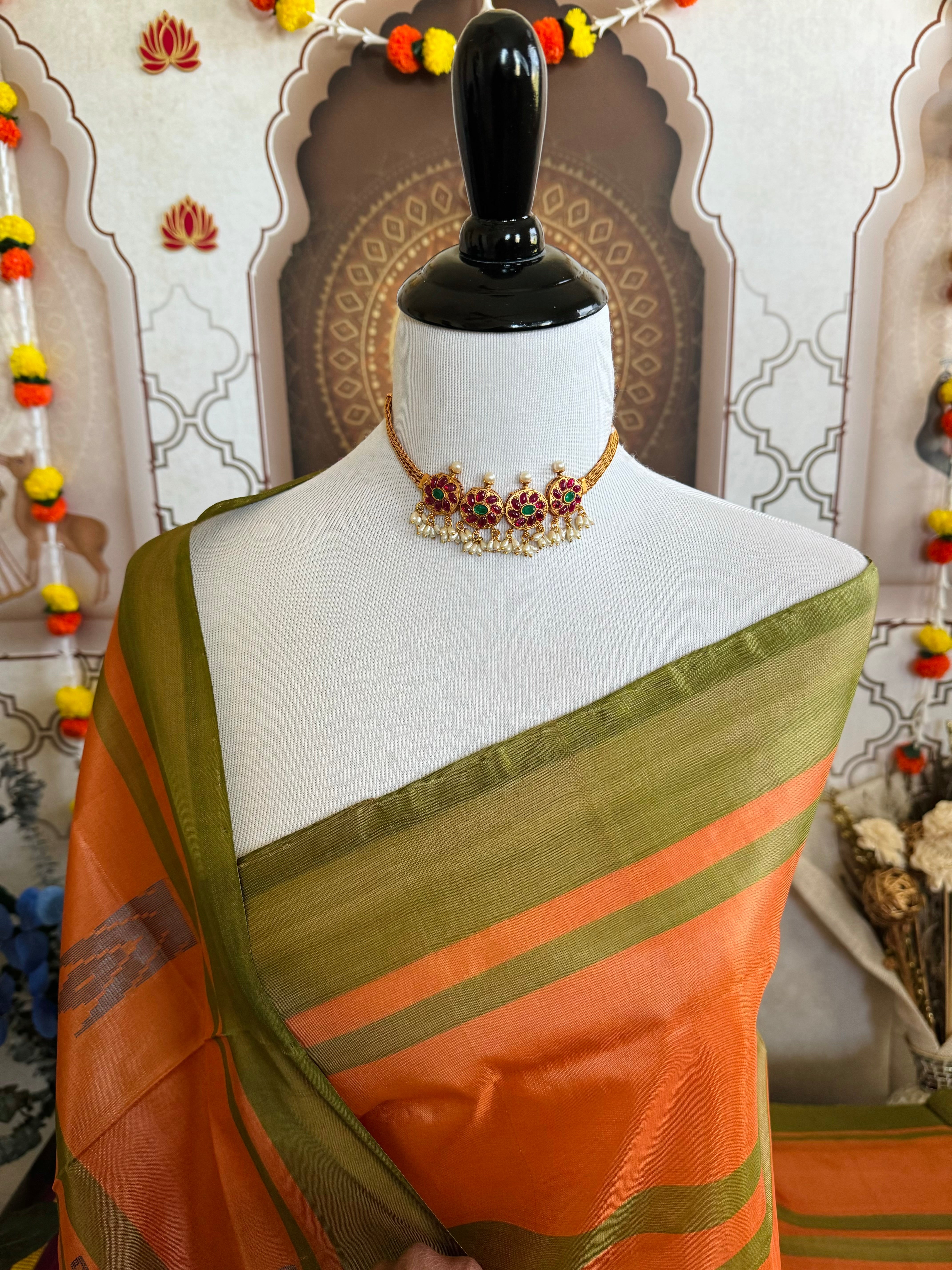 Vegan Silk Saree | No Zari | No Blouse | Handwoven | Orange & Sage Green | Ships from California